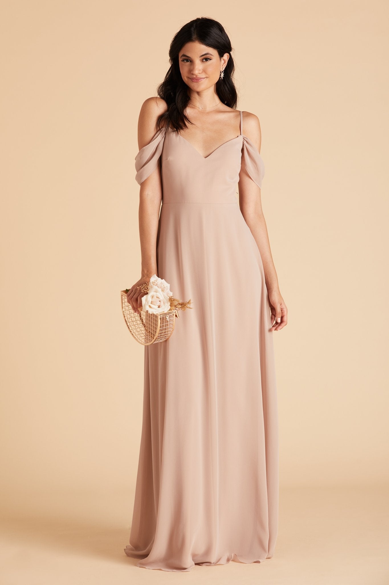 Devin convertible bridesmaids dress in taupe chiffon by Birdy Grey, front view