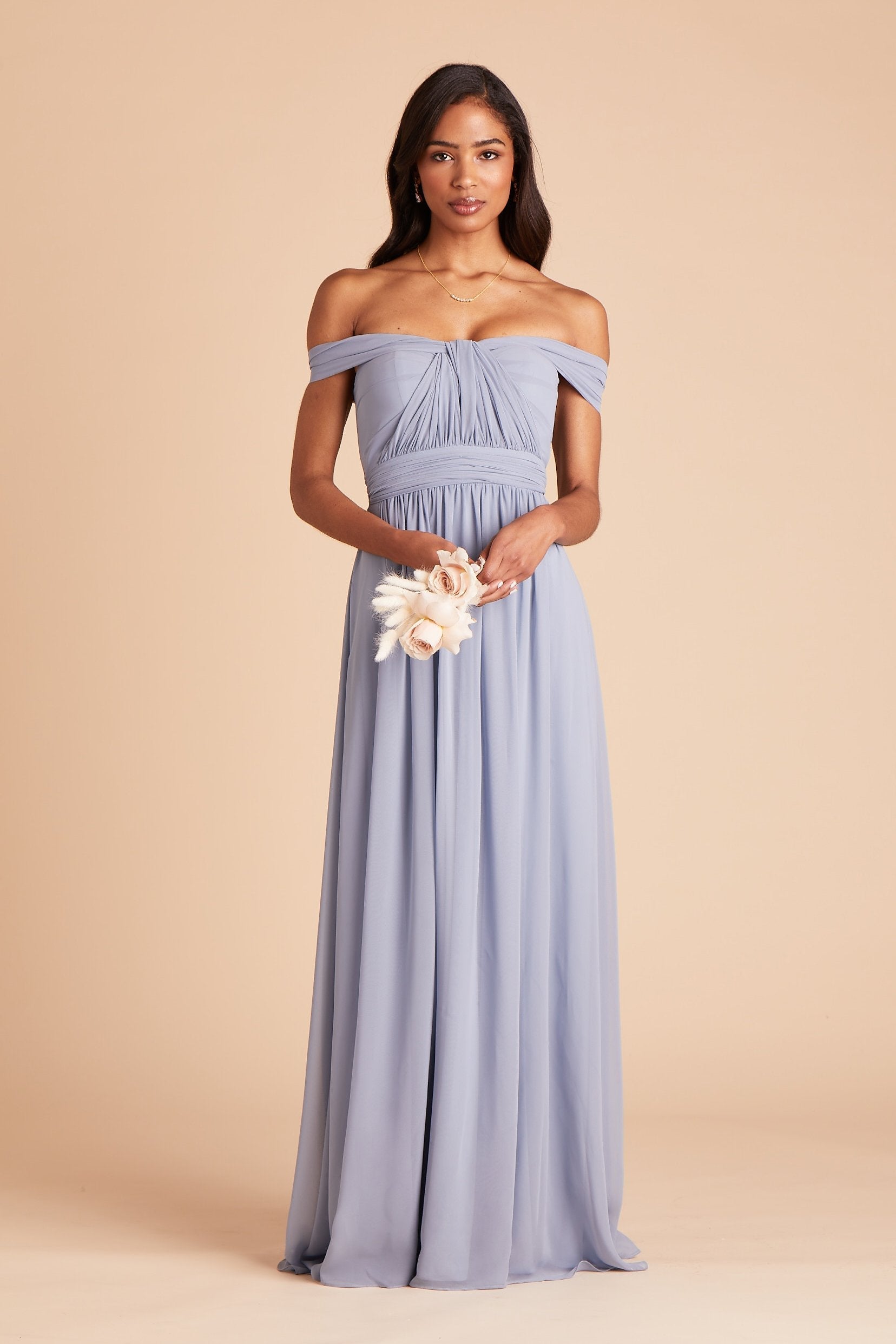 Grace convertible bridesmaid dress in dusty blue chiffon by Birdy Grey, front view