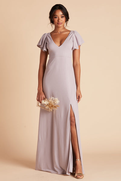 Hannah bridesmaid dress with slit in lilac purple crepe by Birdy Grey, front view