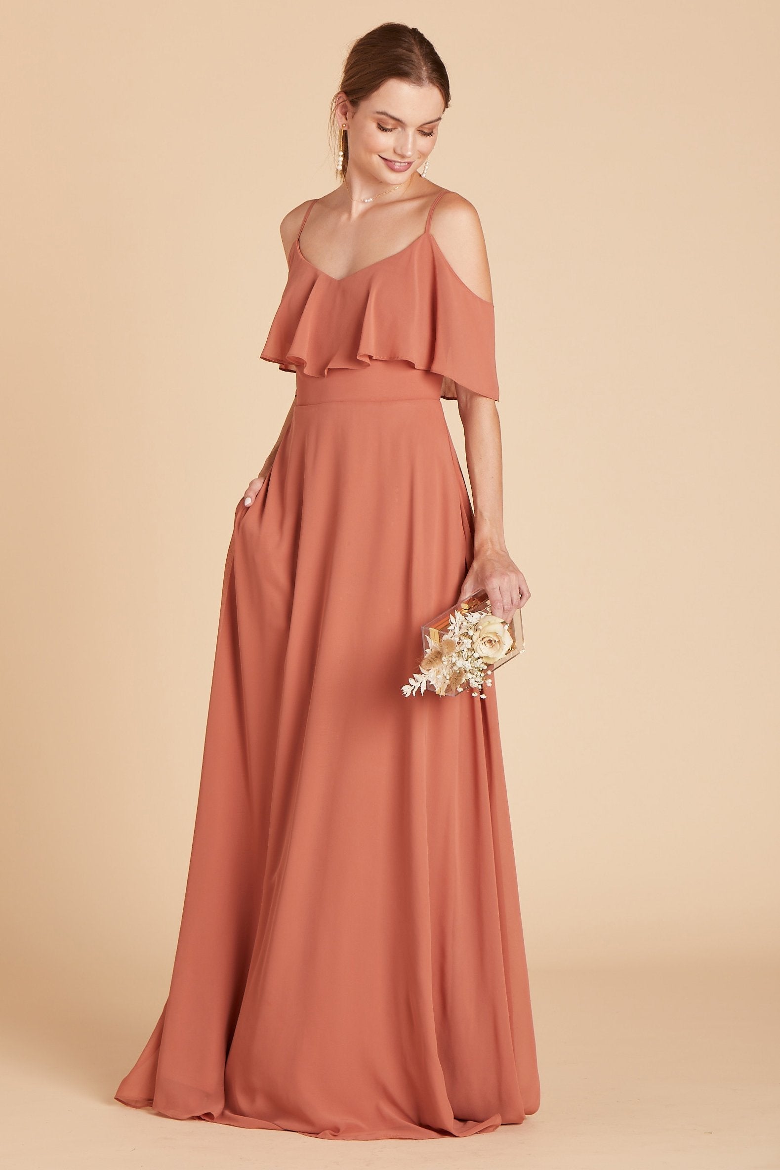 Jane convertible bridesmaid dress in terracotta orange chiffon by Birdy Grey, front view