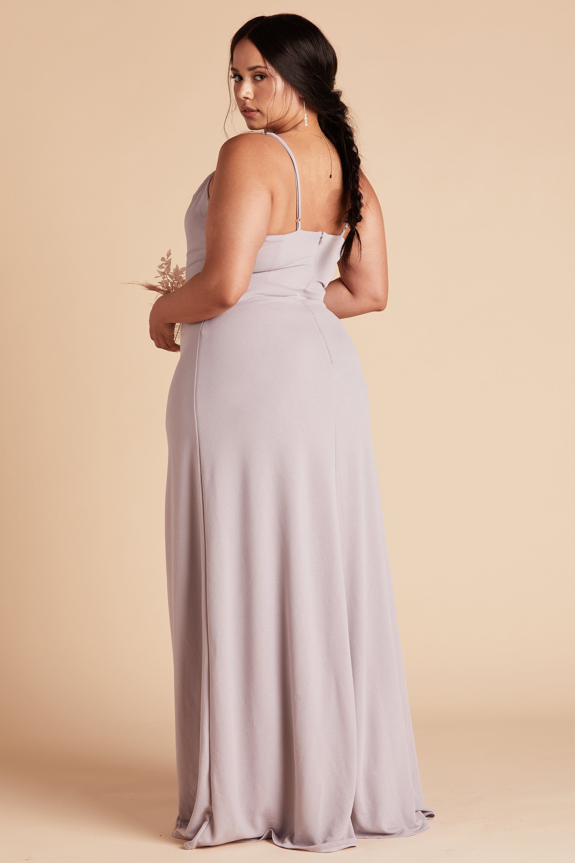 Ash plus size bridesmaid dress in lilac purple crepe by Birdy Grey, back view