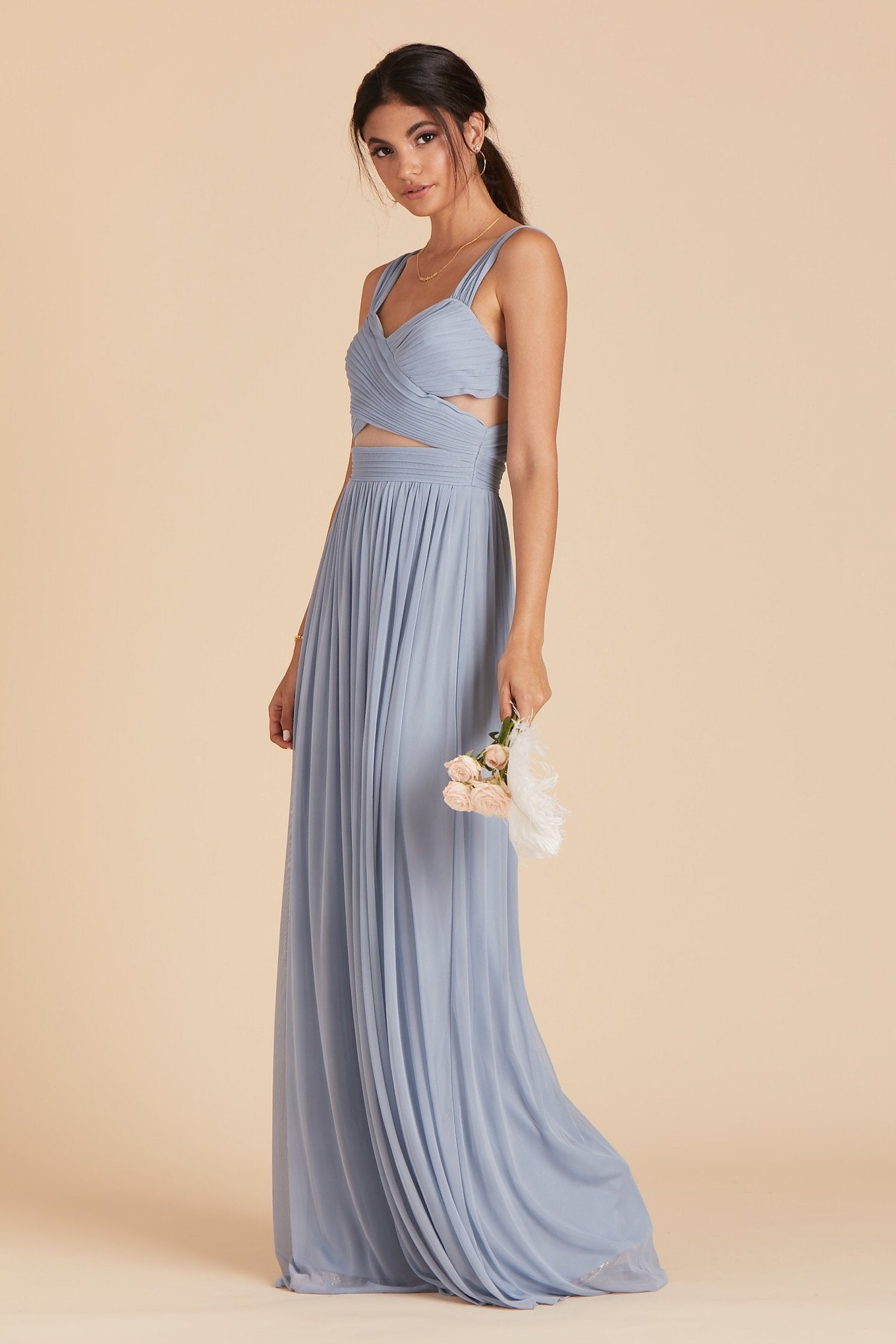 Elsye bridesmaid dress in dusty blue chiffon by Birdy Grey, side view