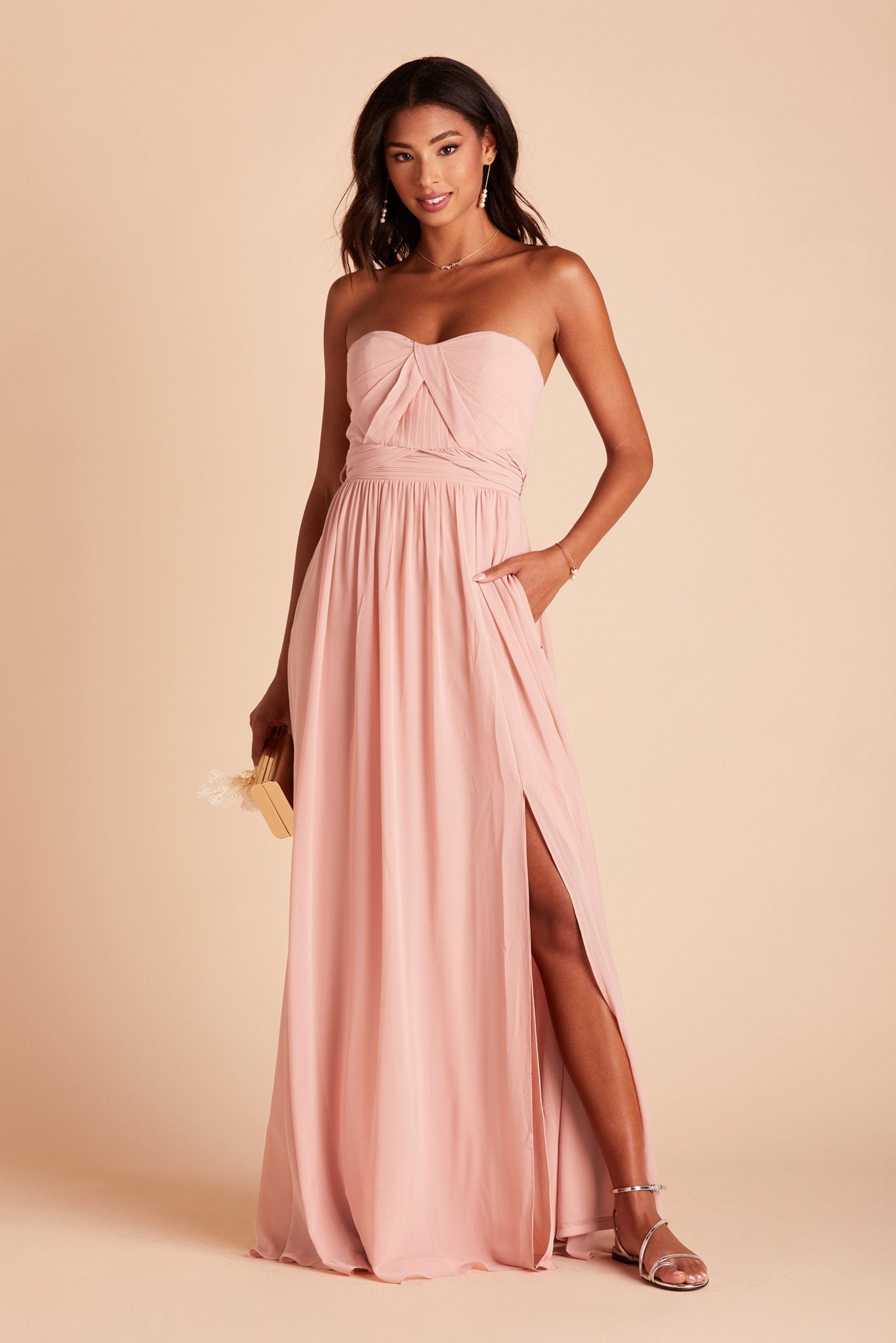 Grace convertible bridesmaid dress with slit in rose quartz pink chiffon by Birdy Grey, front view