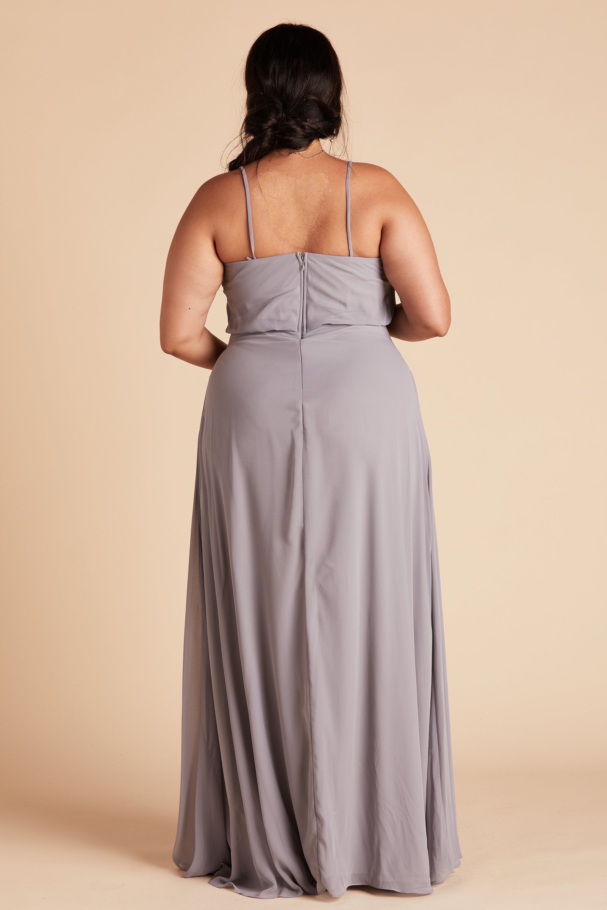 Gwennie plus size bridesmaid dress in silver chiffon by Birdy Grey, back view