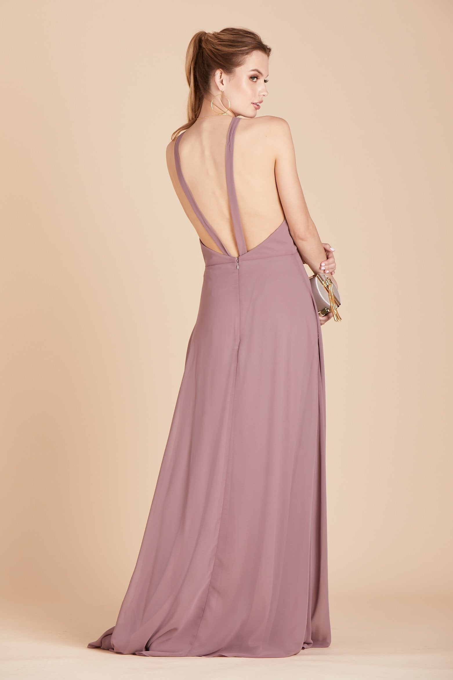 Moni convertible bridesmaids dress in dark mauve purple chiffon by Birdy Grey, back view