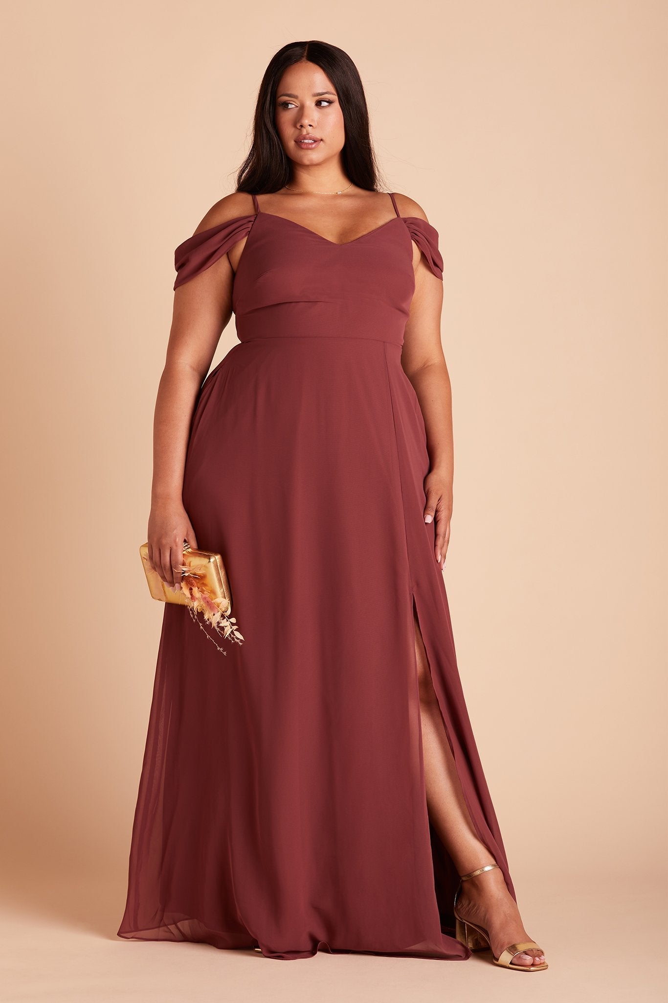 Devin convertible plus size bridesmaids dress with slit in rosewood chiffon by Birdy Grey, front view