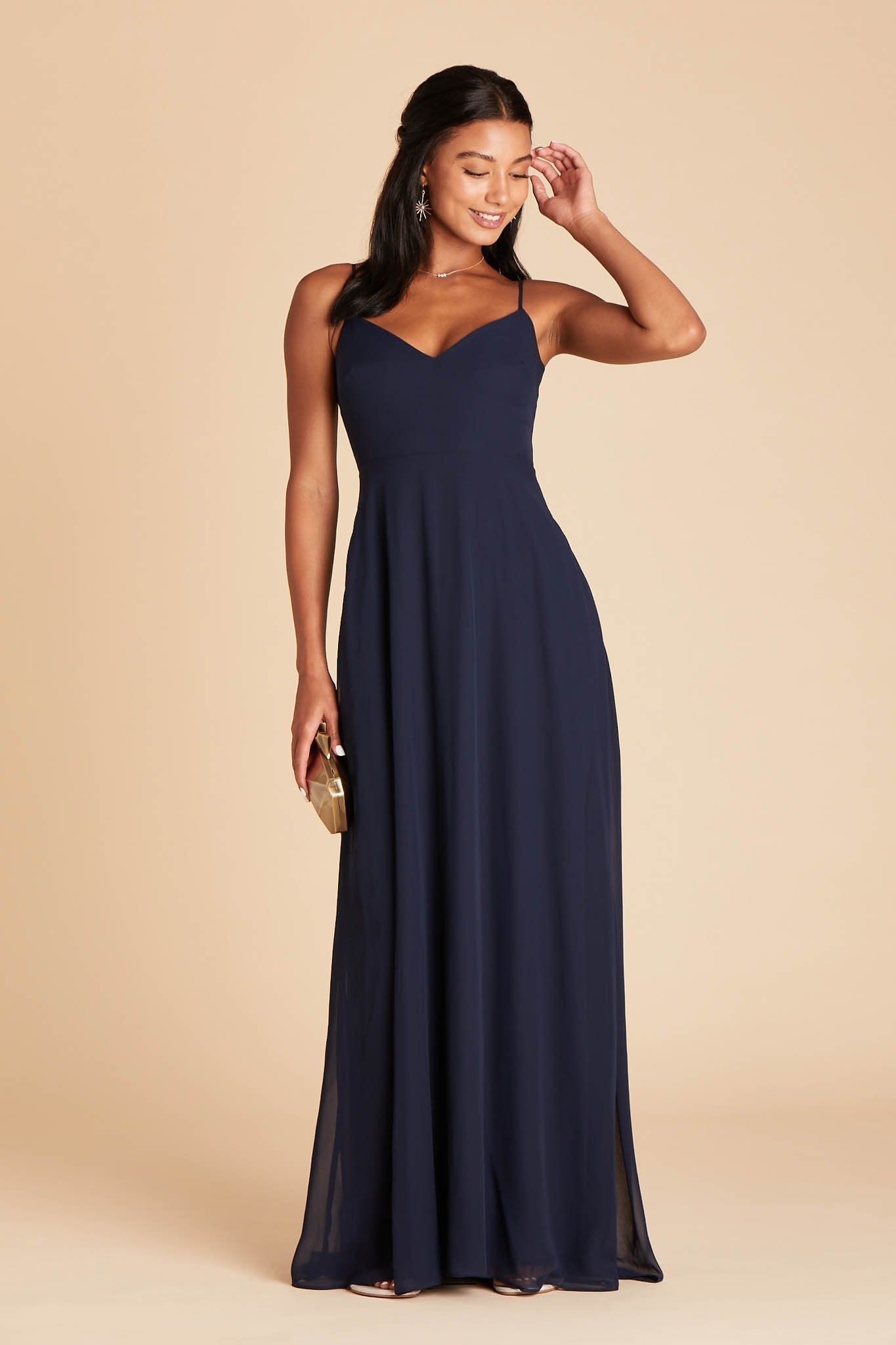 Devin convertible bridesmaid dress in navy blue chiffon by Birdy Grey, front view