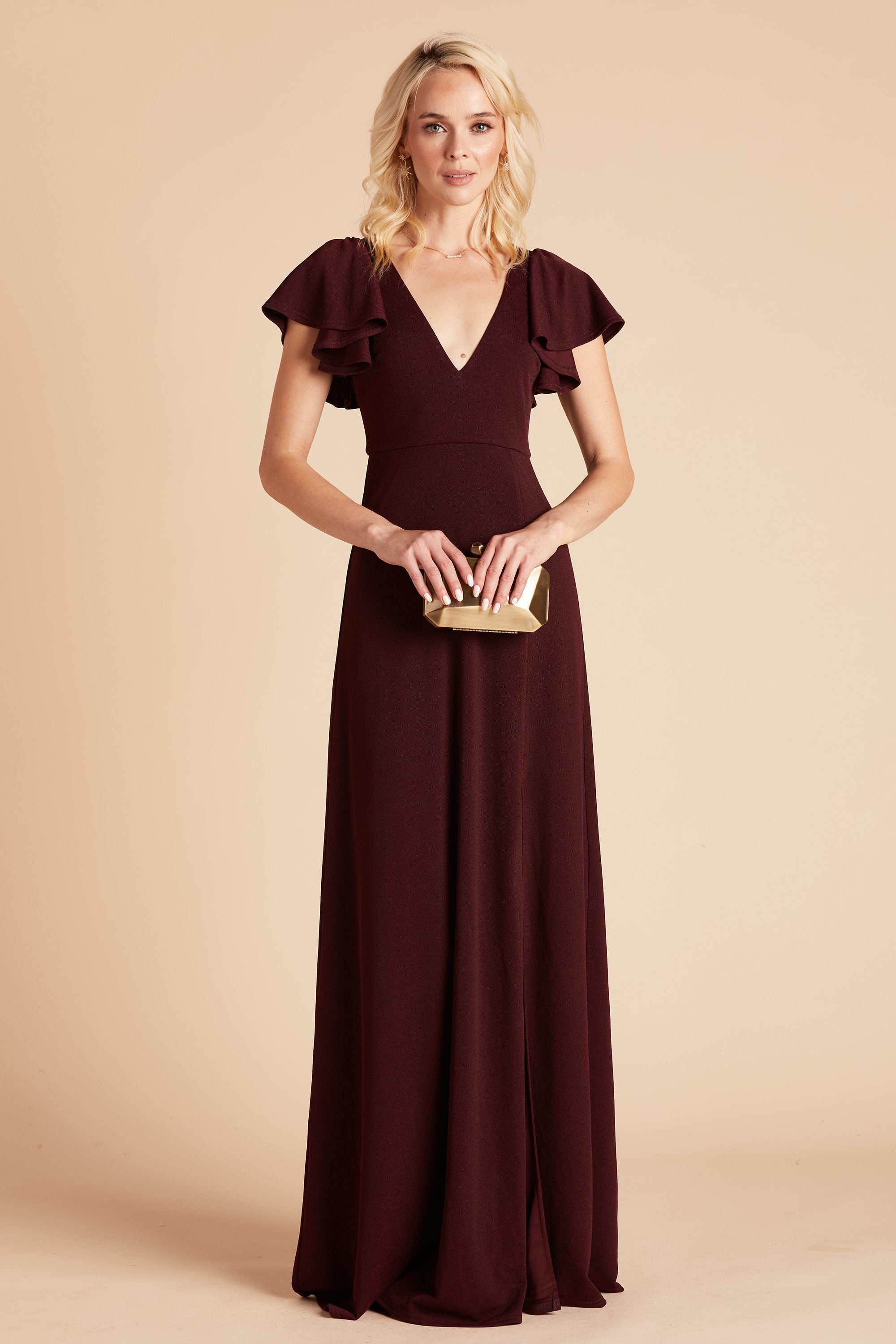 Hannah bridesmaid dress with slit in cabernet burgundy crepe by Birdy Grey, front view