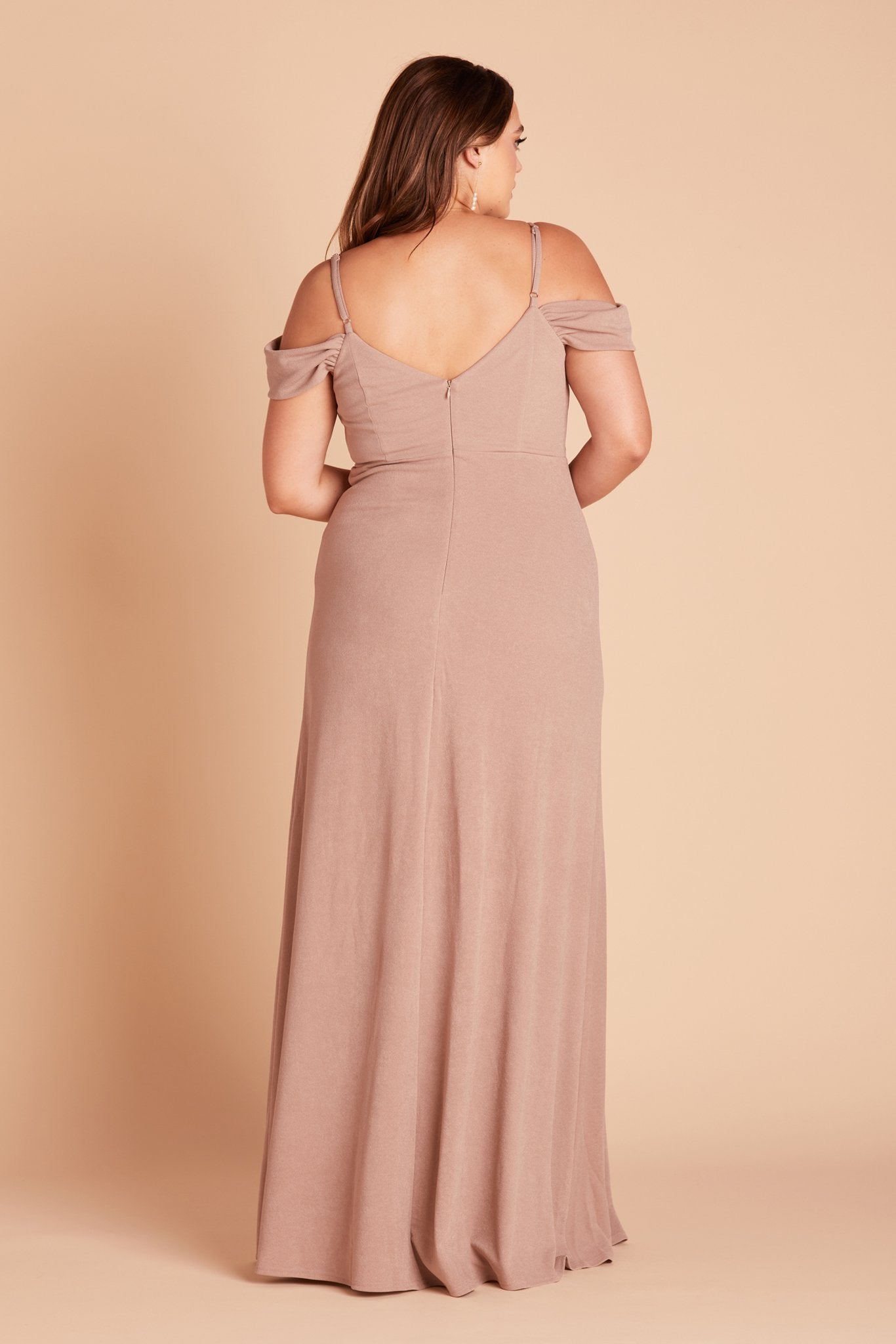 Dev plus size bridesmaid dress with slit in taupe crepe by Birdy Grey, back view