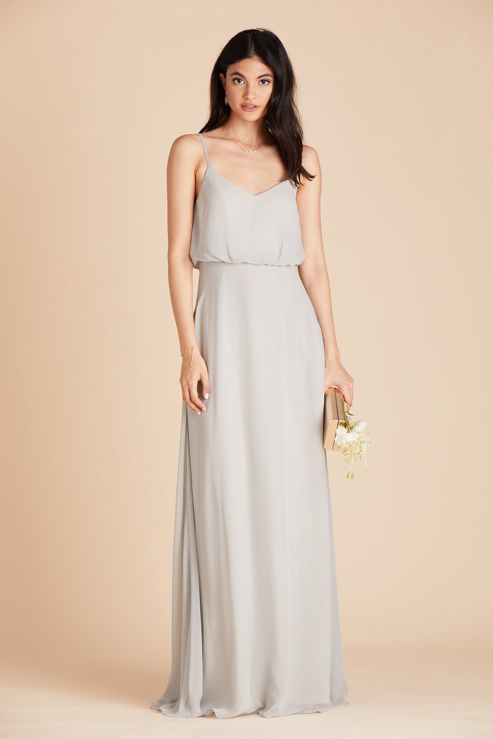 Gwennie bridesmaid dress in dove gray chiffon by Birdy Grey, front view