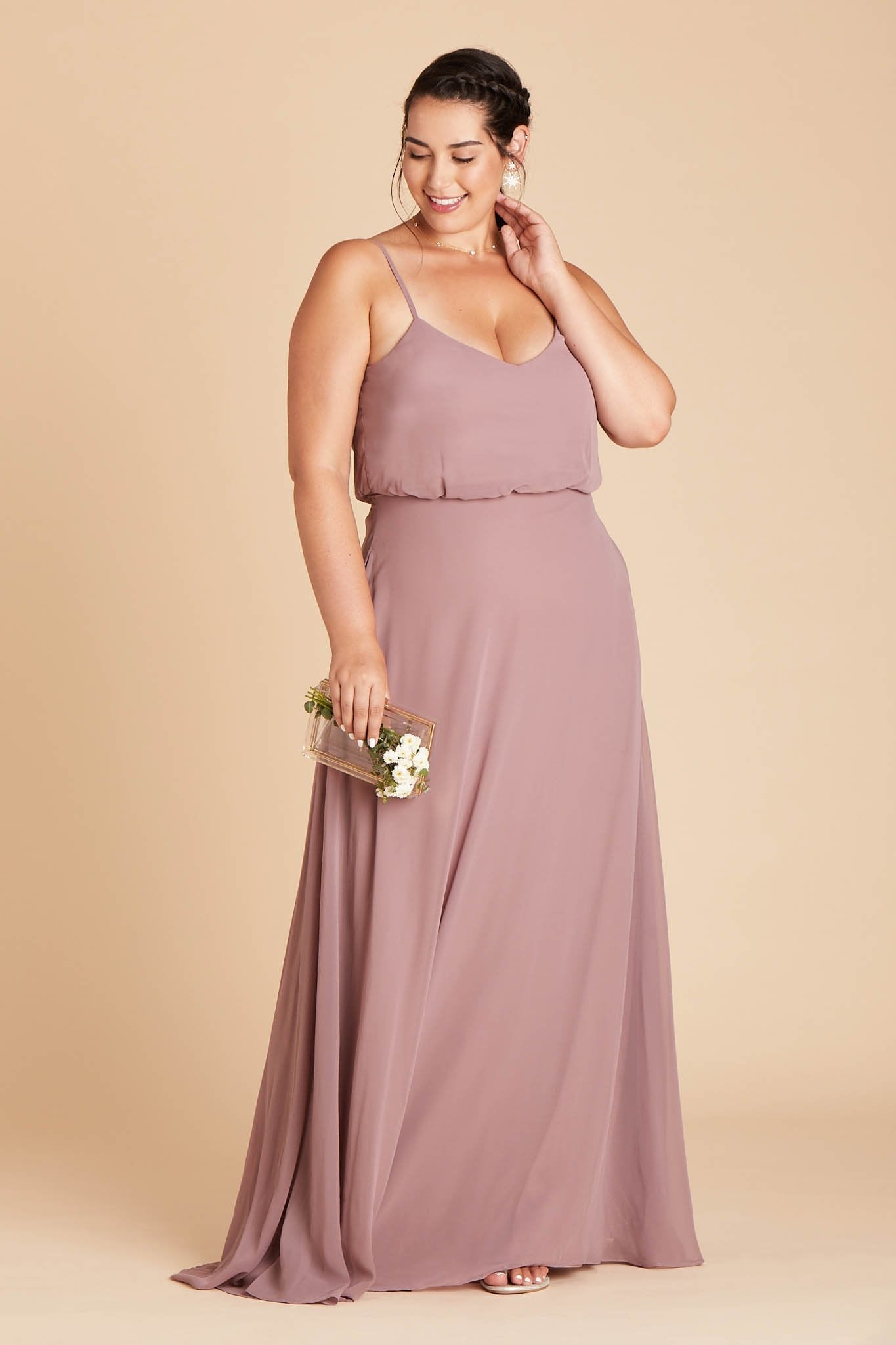 Gwennie plus size bridesmaid dress in dark mauve chiffon by Birdy Grey, front view