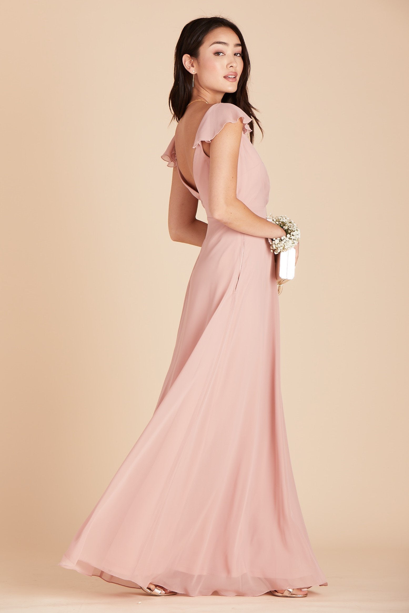 Kae bridesmaids dress in dusty rose pink chiffon by Birdy Grey, side view 