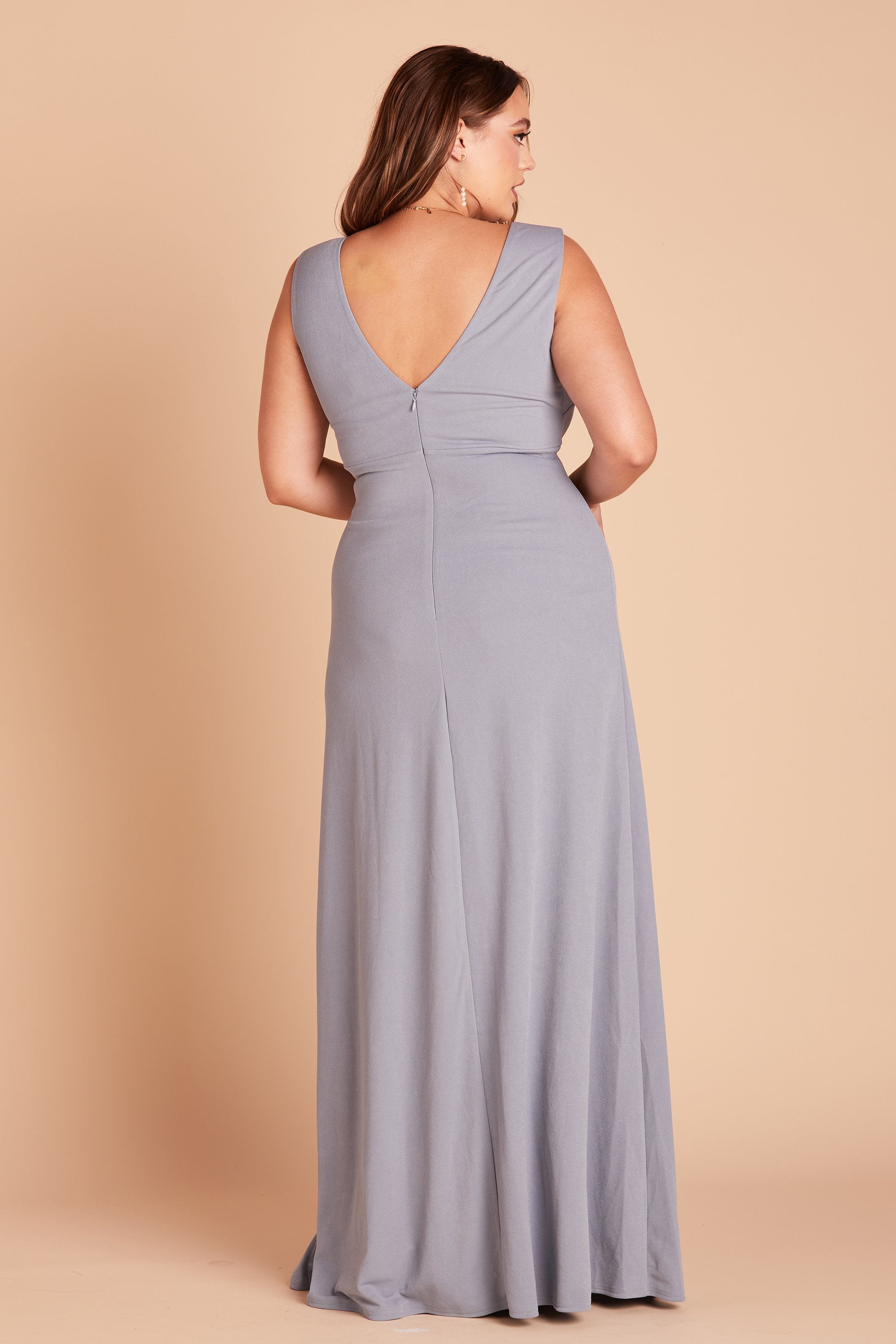 Shamin plus size bridesmaid dress with slit in dusty blue crepe by Birdy Grey, back view