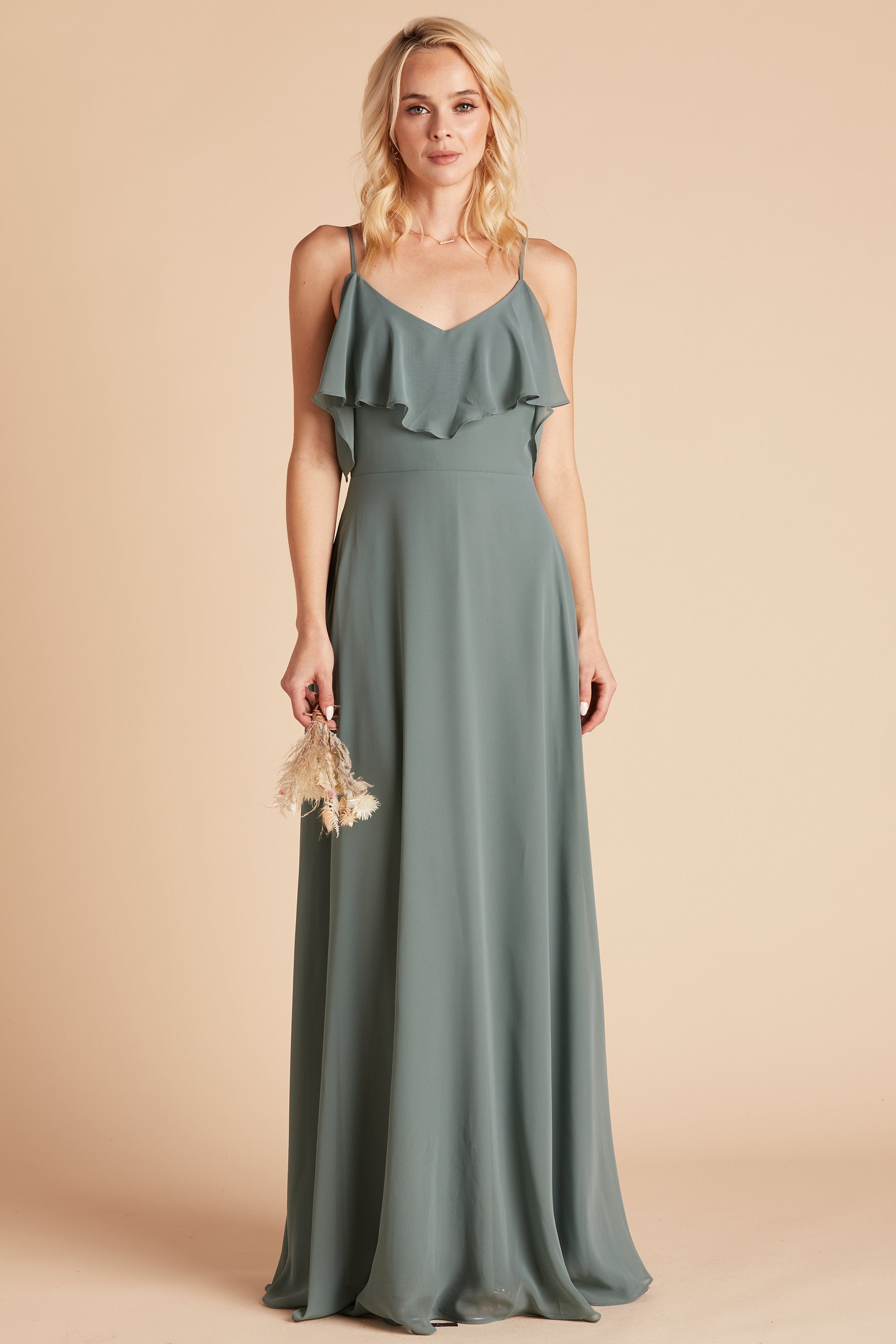 Jane convertible bridesmaid dress in sea glass green chiffon by Birdy Grey, front view