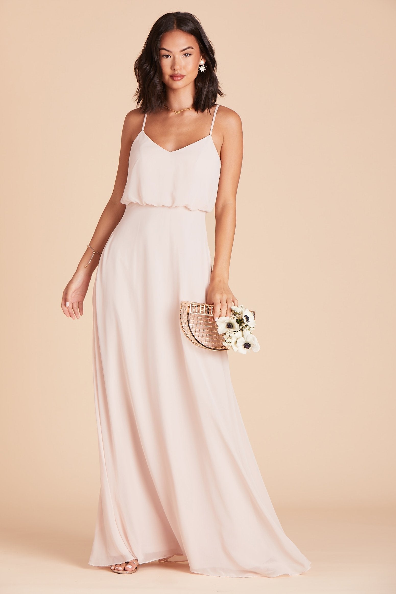 Gwennie bridesmaid dress in pale blush chiffon by Birdy Grey, front view