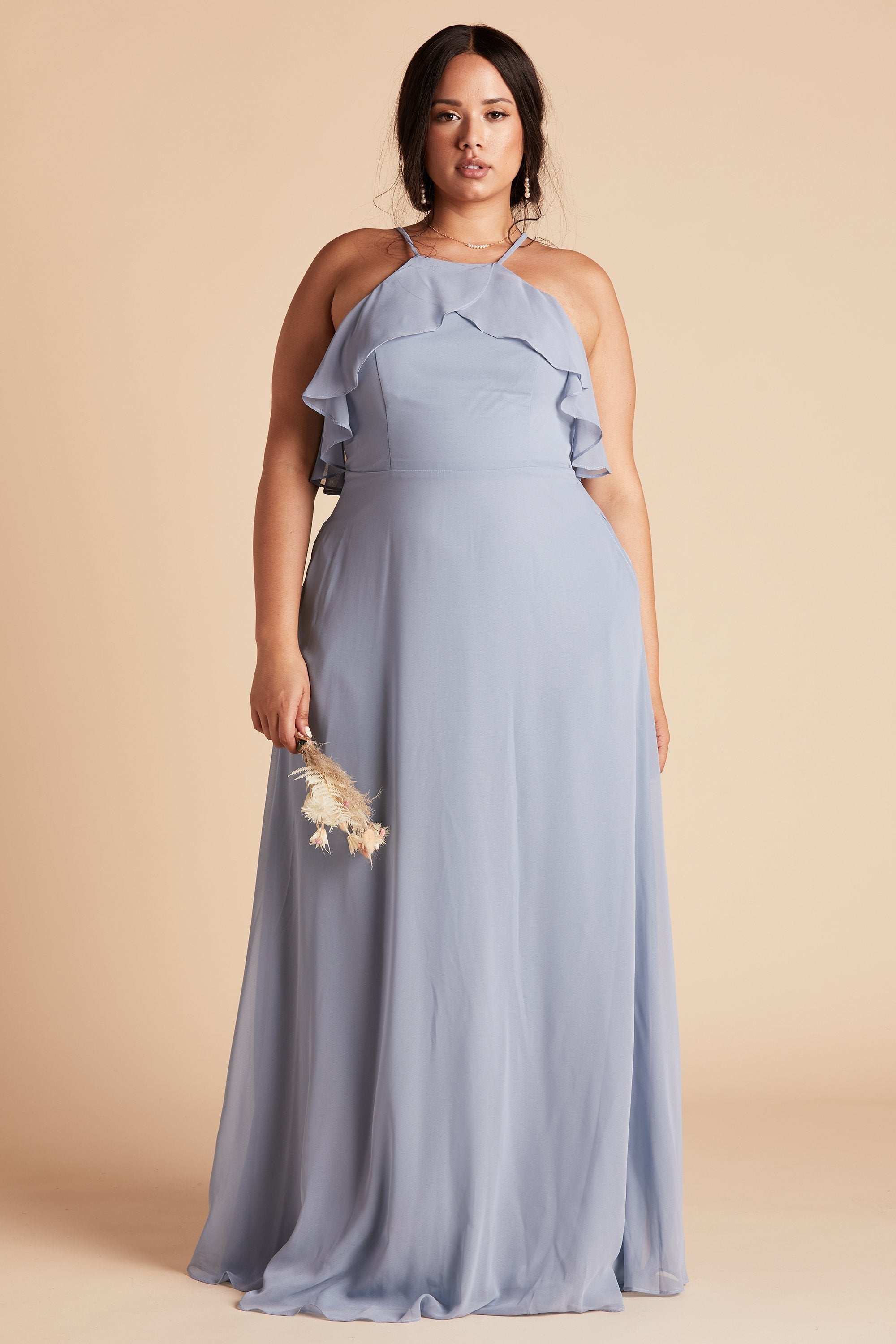 Jules plus size bridesmaid dress in dusty blue chiffon by Birdy Grey, front view