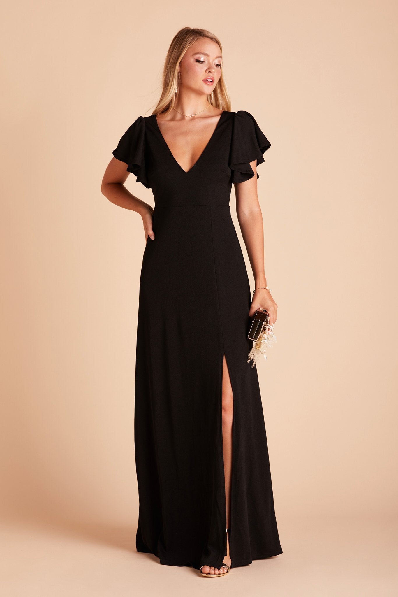 Hannah bridesmaid dress with slit in black crepe by Birdy Grey, front view