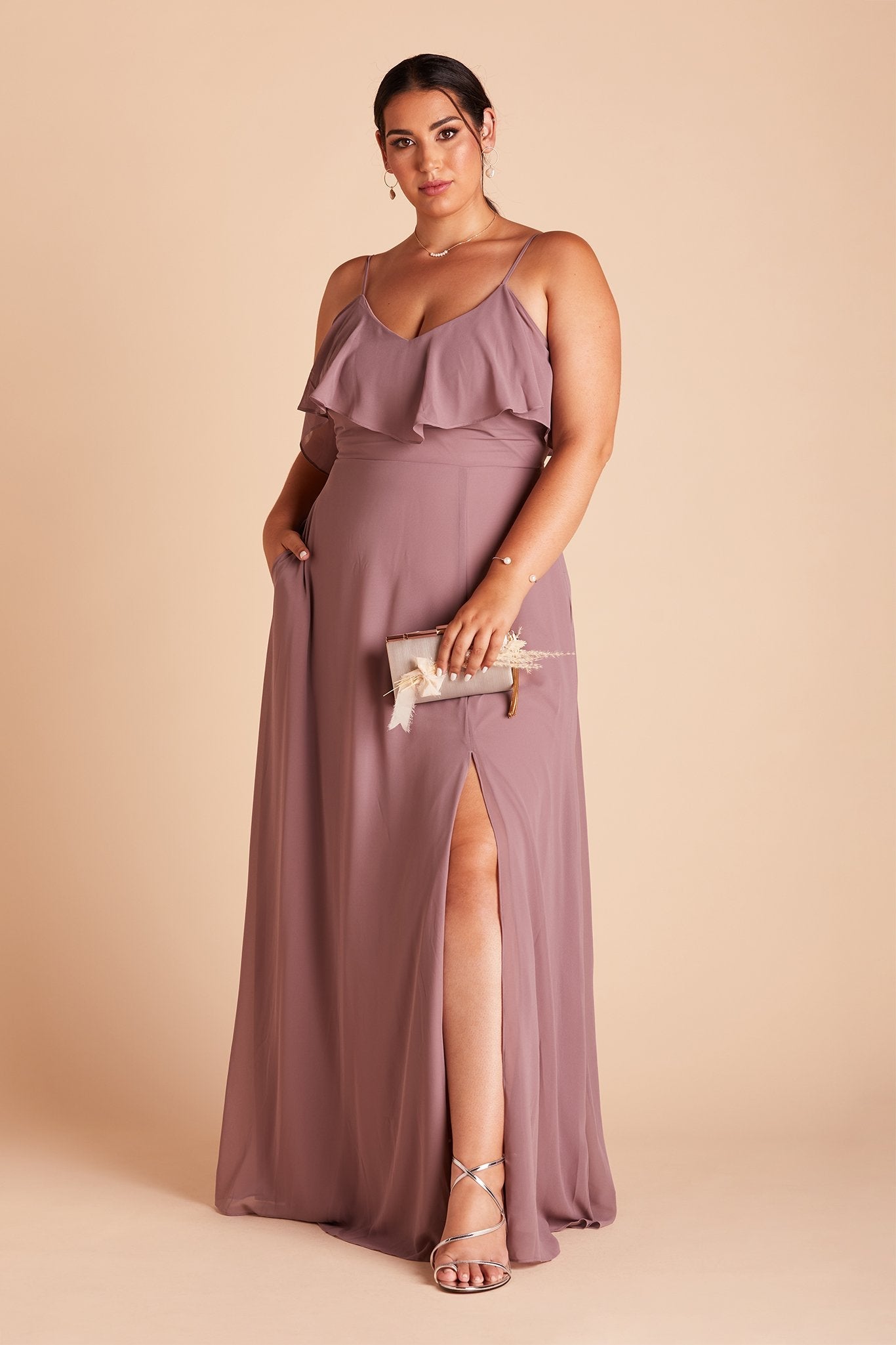 Jane convertible plus size bridesmaid dress with slit in dark mauve chiffon by Birdy Grey, front view