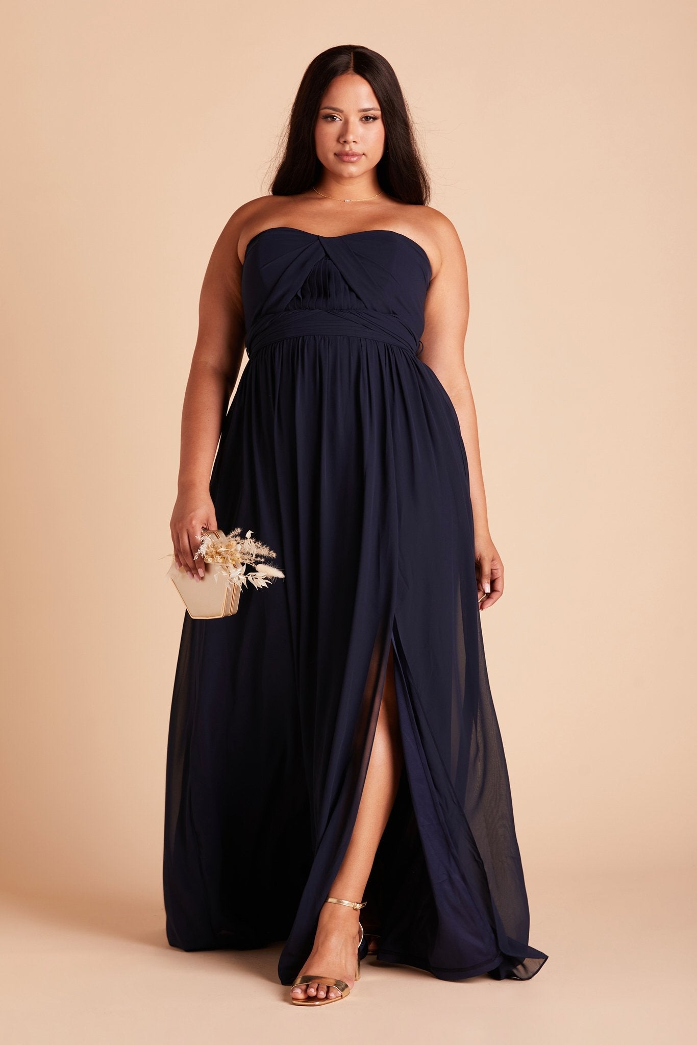 Grace convertible plus size bridesmaid dress in navy blue chiffon by Birdy Grey, front view