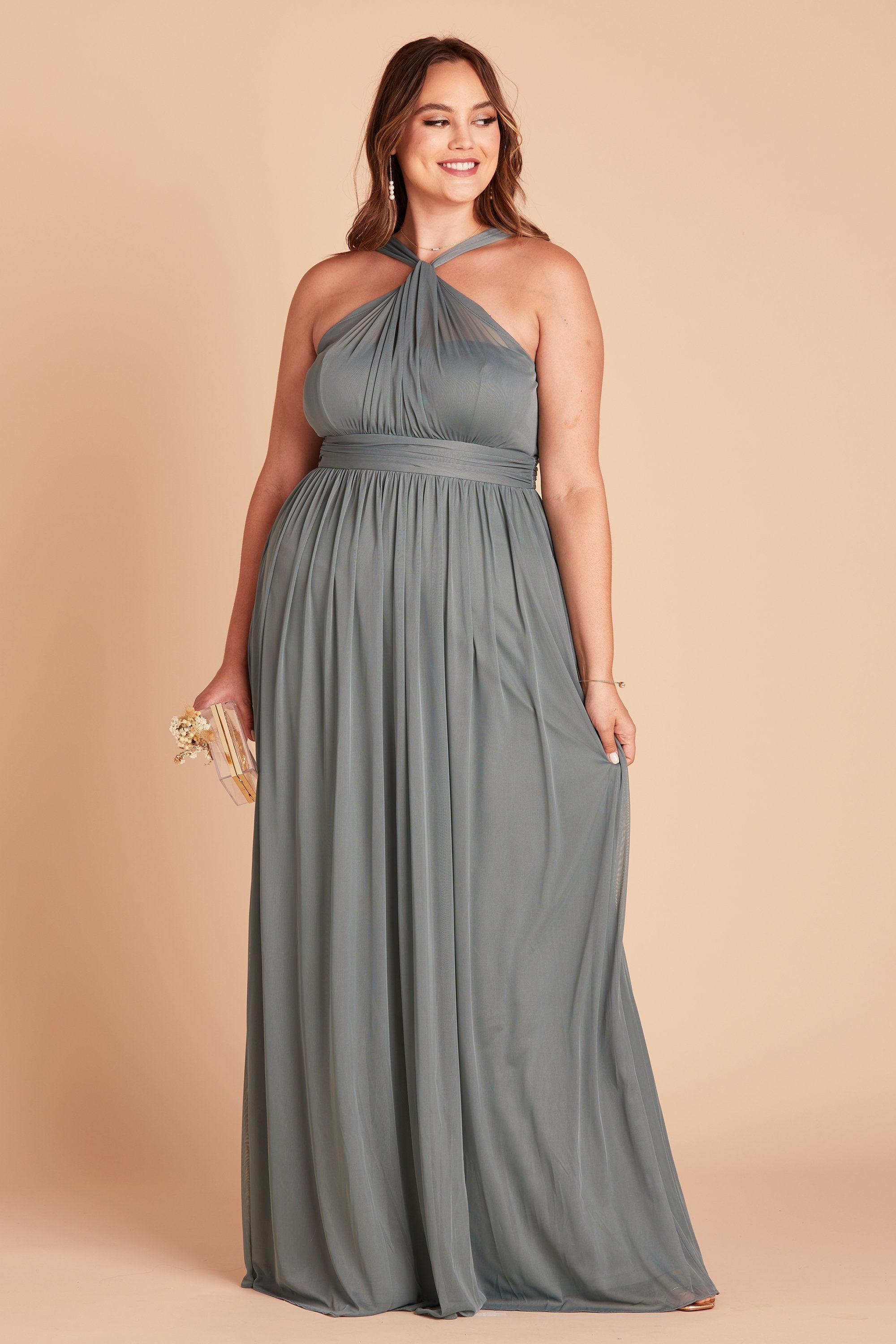 Kiko plus size bridesmaid dress in sea glass green chiffon by Birdy Grey, front view