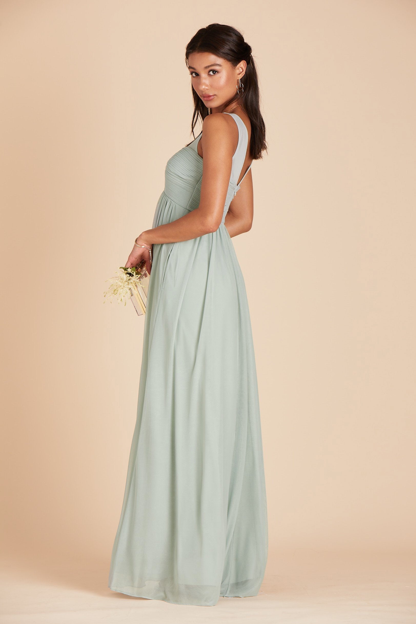 Ryan bridesmaid dress in sage green chiffon by Birdy Grey, side view