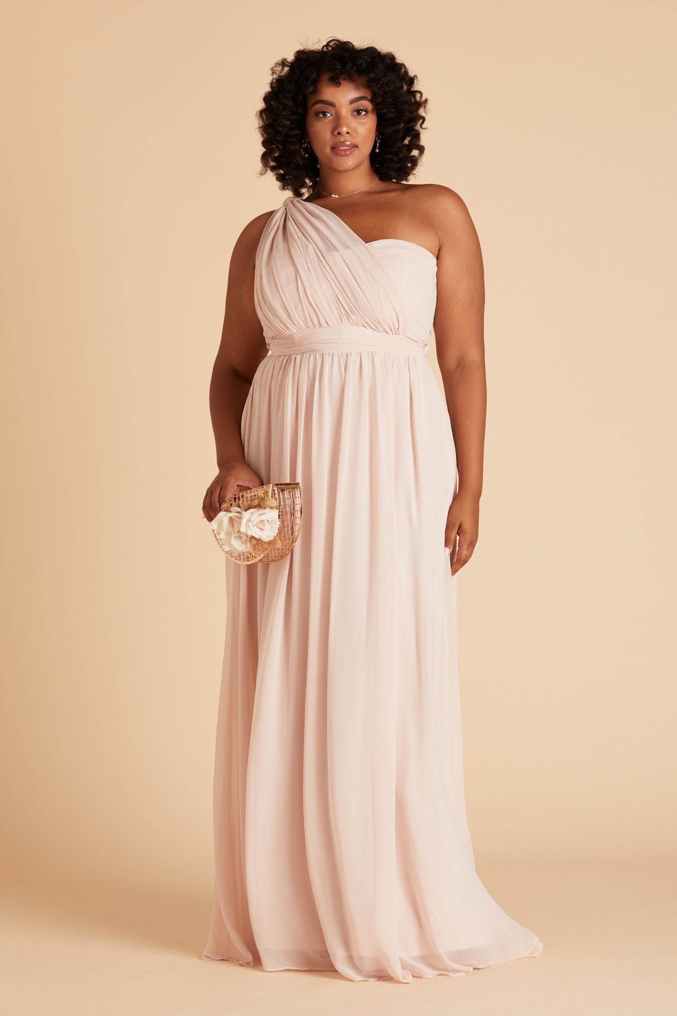 Grace convertible plus size bridesmaid dress in pale blush pink chiffon by Birdy Grey, front view