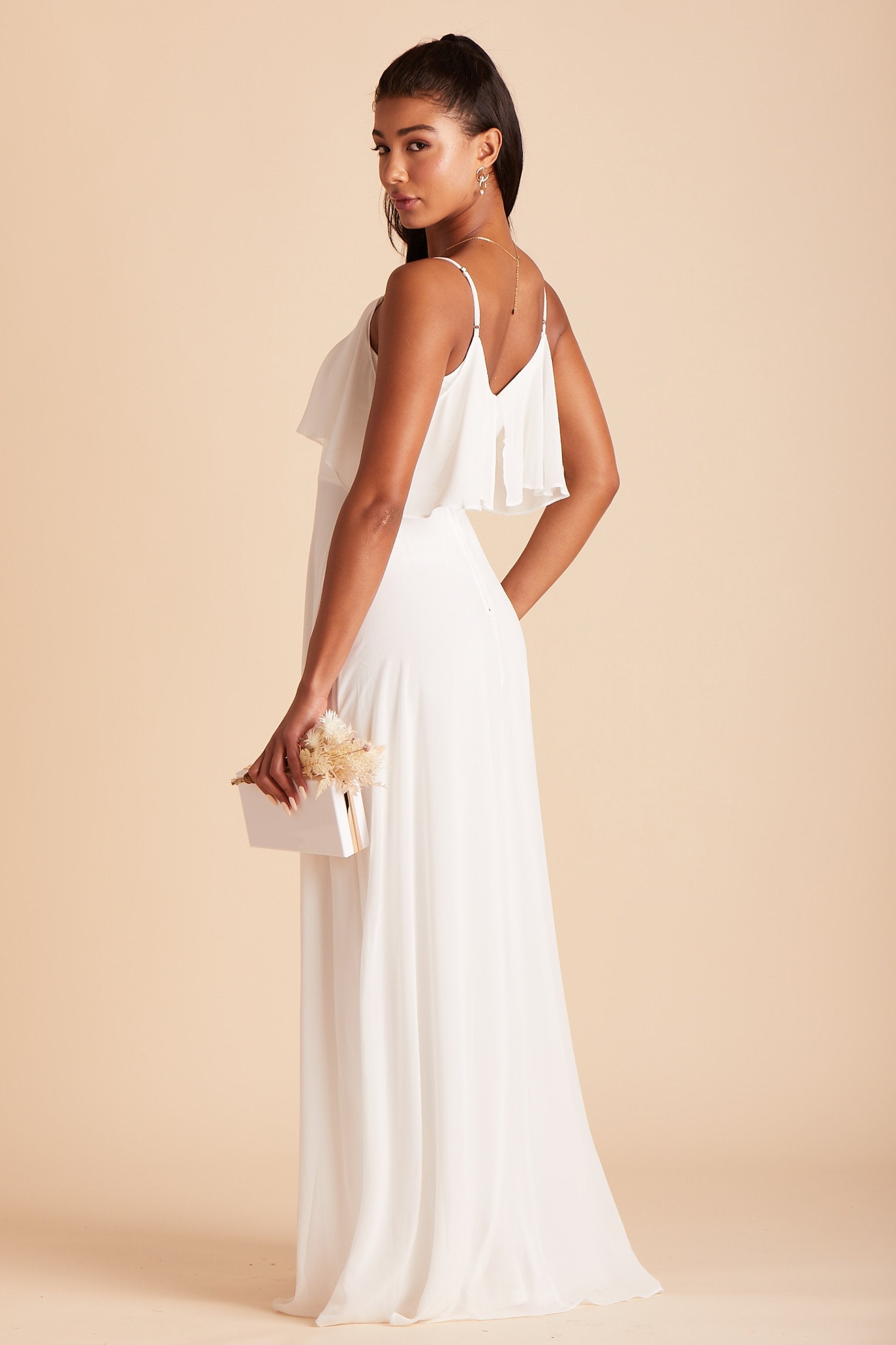 Jane convertible bridesmaid dress in white chiffon by Birdy Grey, side view