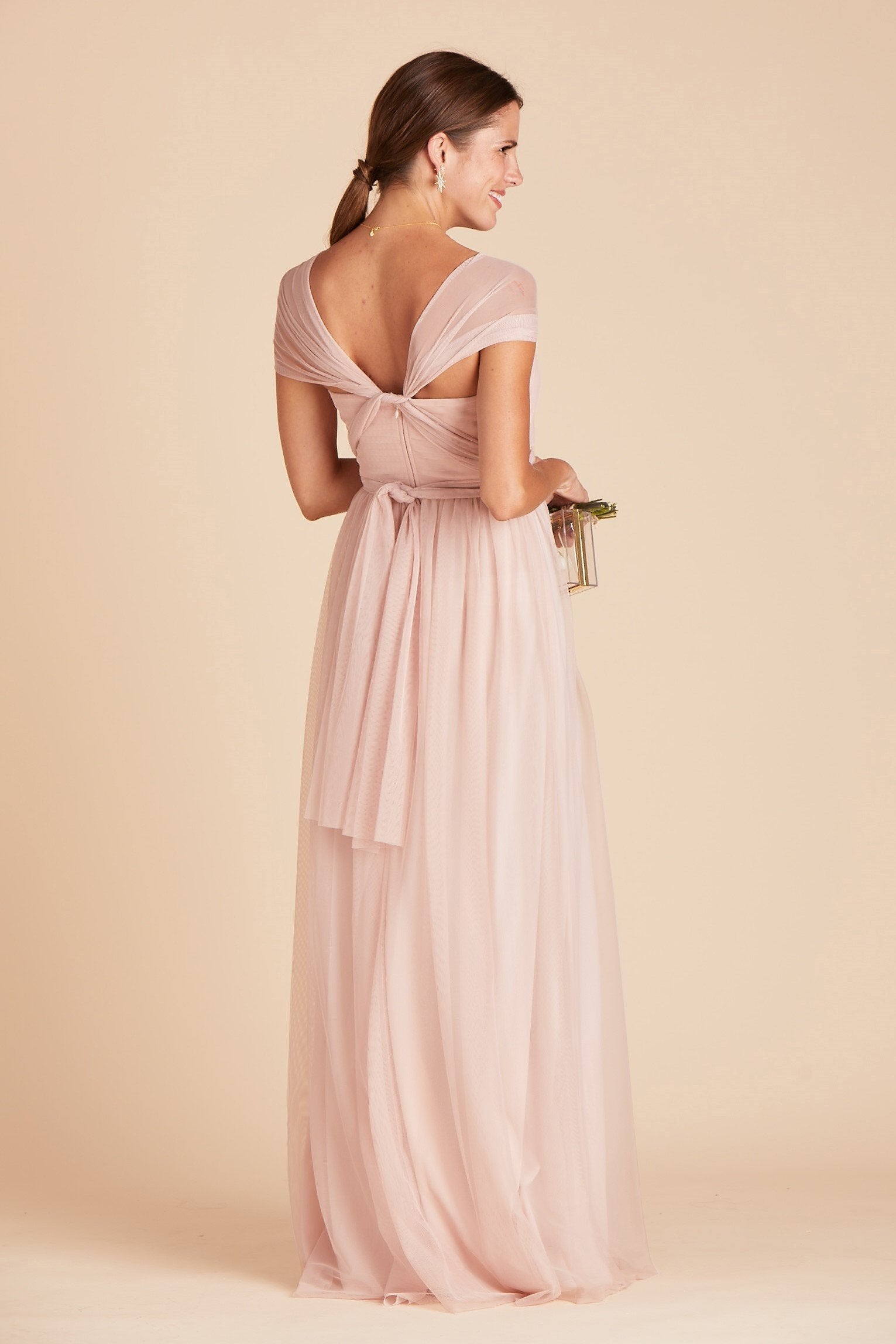 Christina convertible bridesmaid dress in vintage blush tulle by Birdy Grey, back view