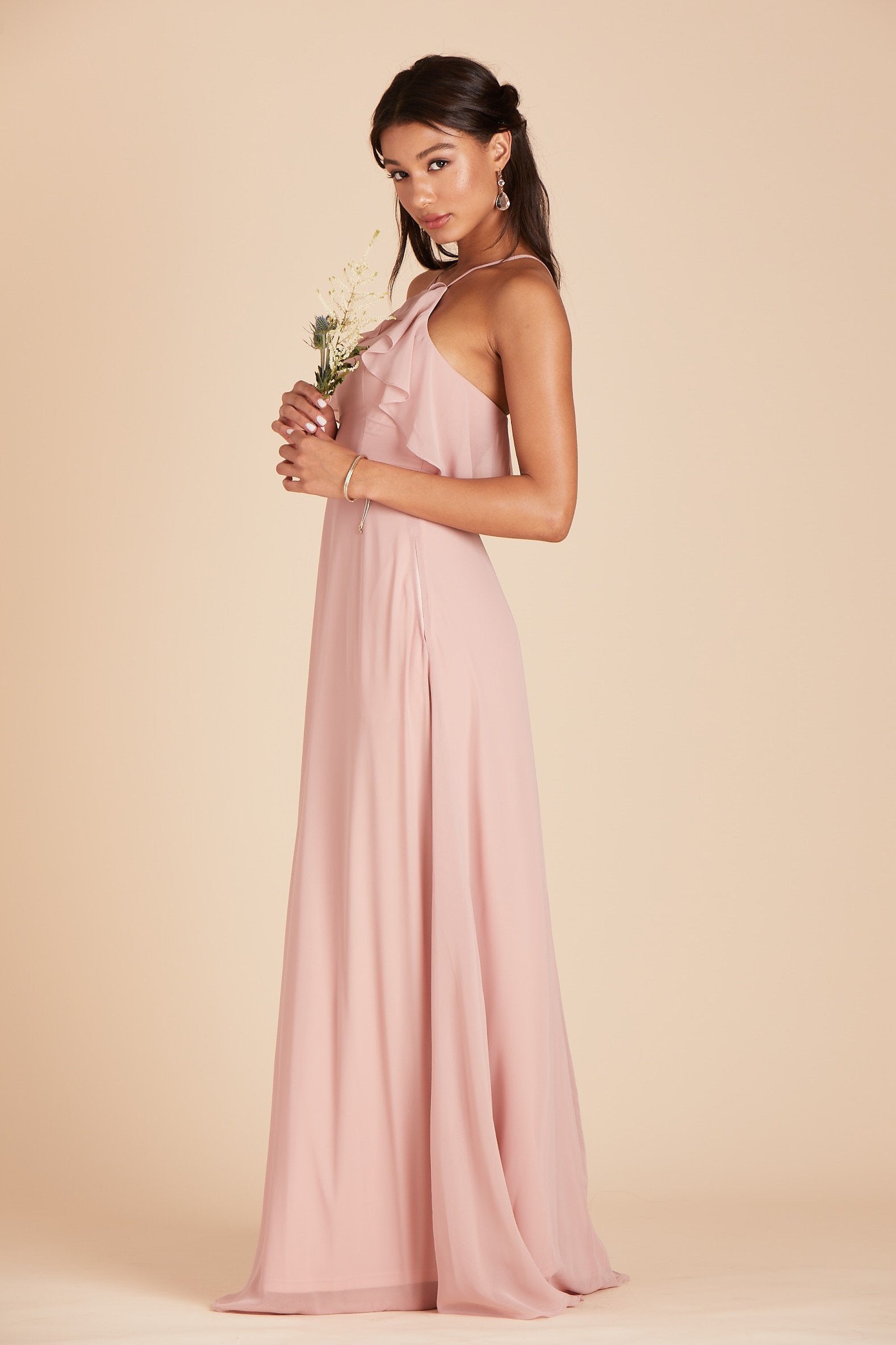 Jules bridesmaid dress in dusty rose chiffon by Birdy Grey, side view