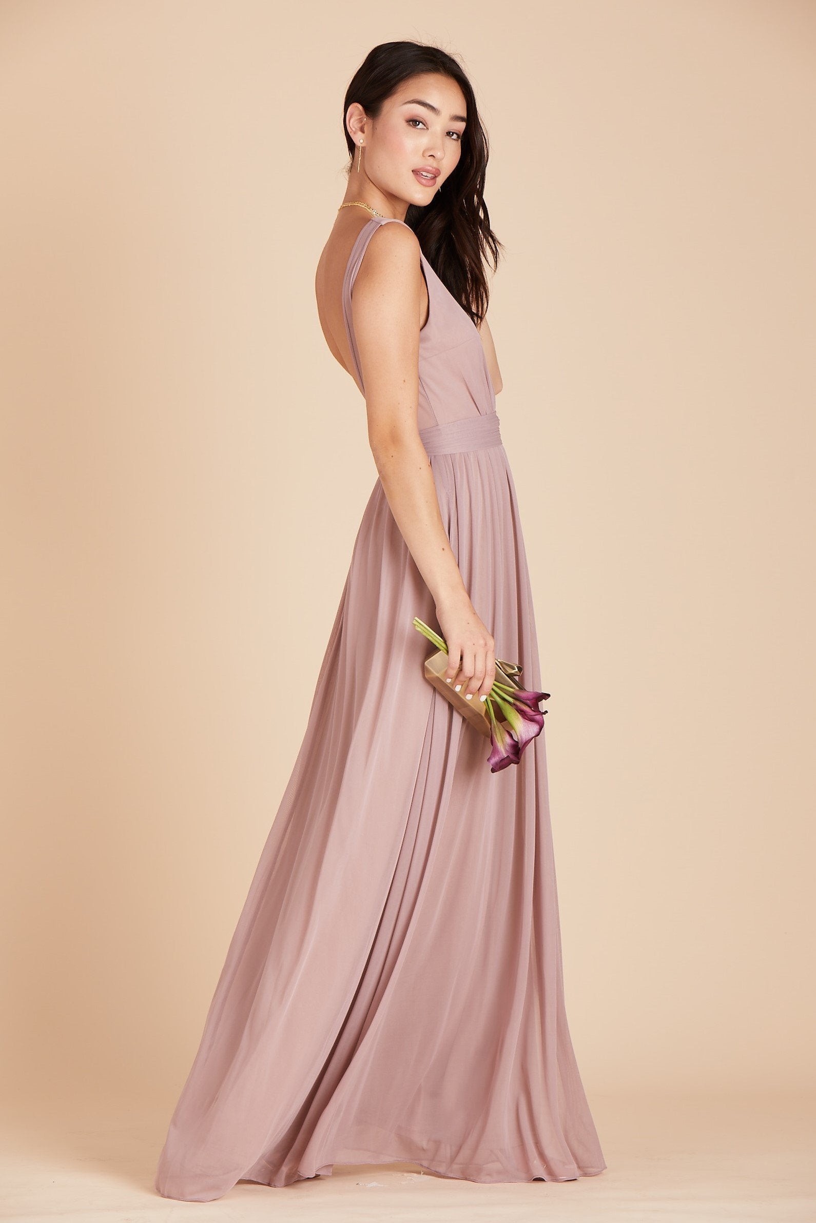 Jay bridesmaids dress in mauve chiffon by Birdy Grey, side view