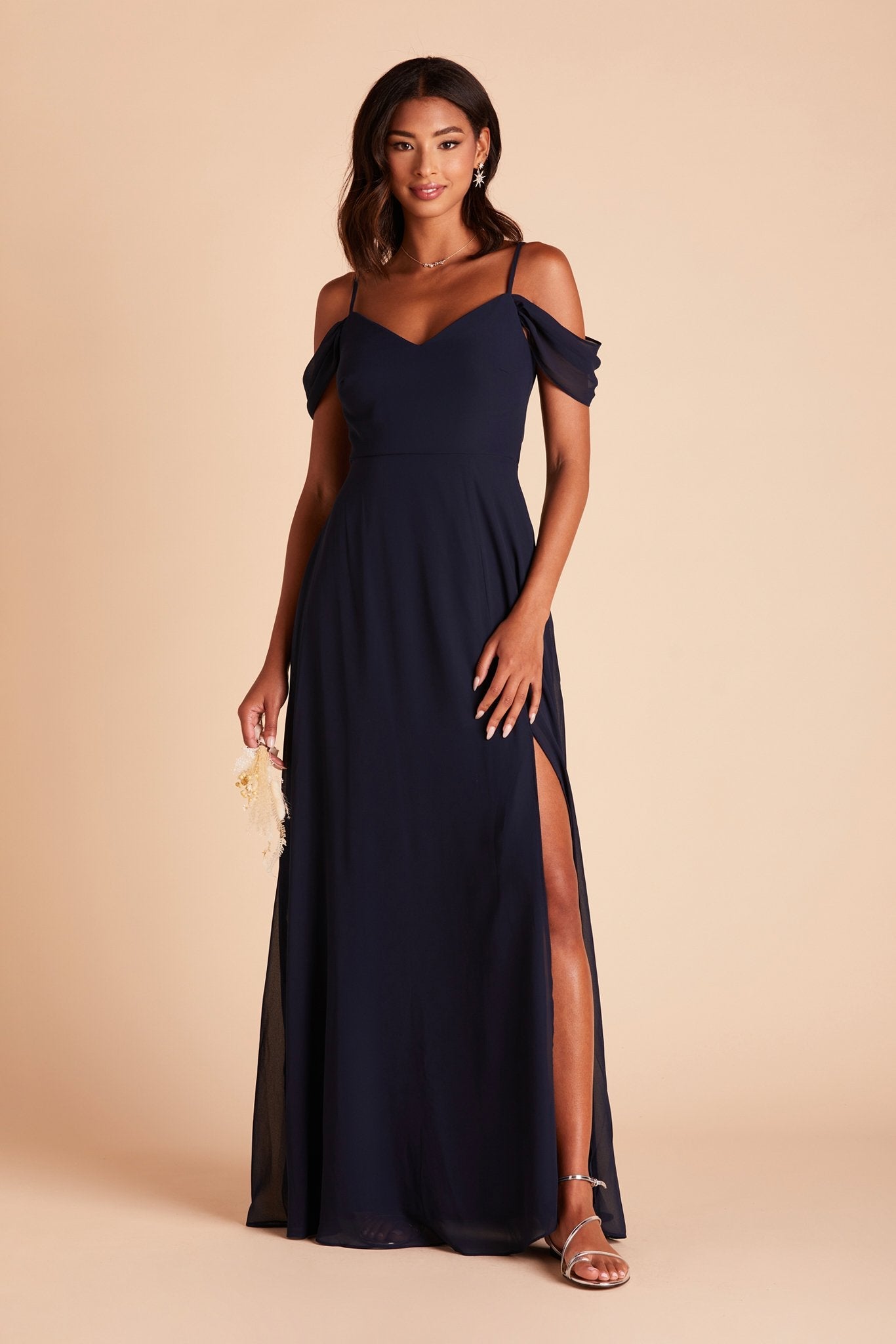 Devin convertible bridesmaid dress with slit in navy blue chiffon by Birdy Grey, front view