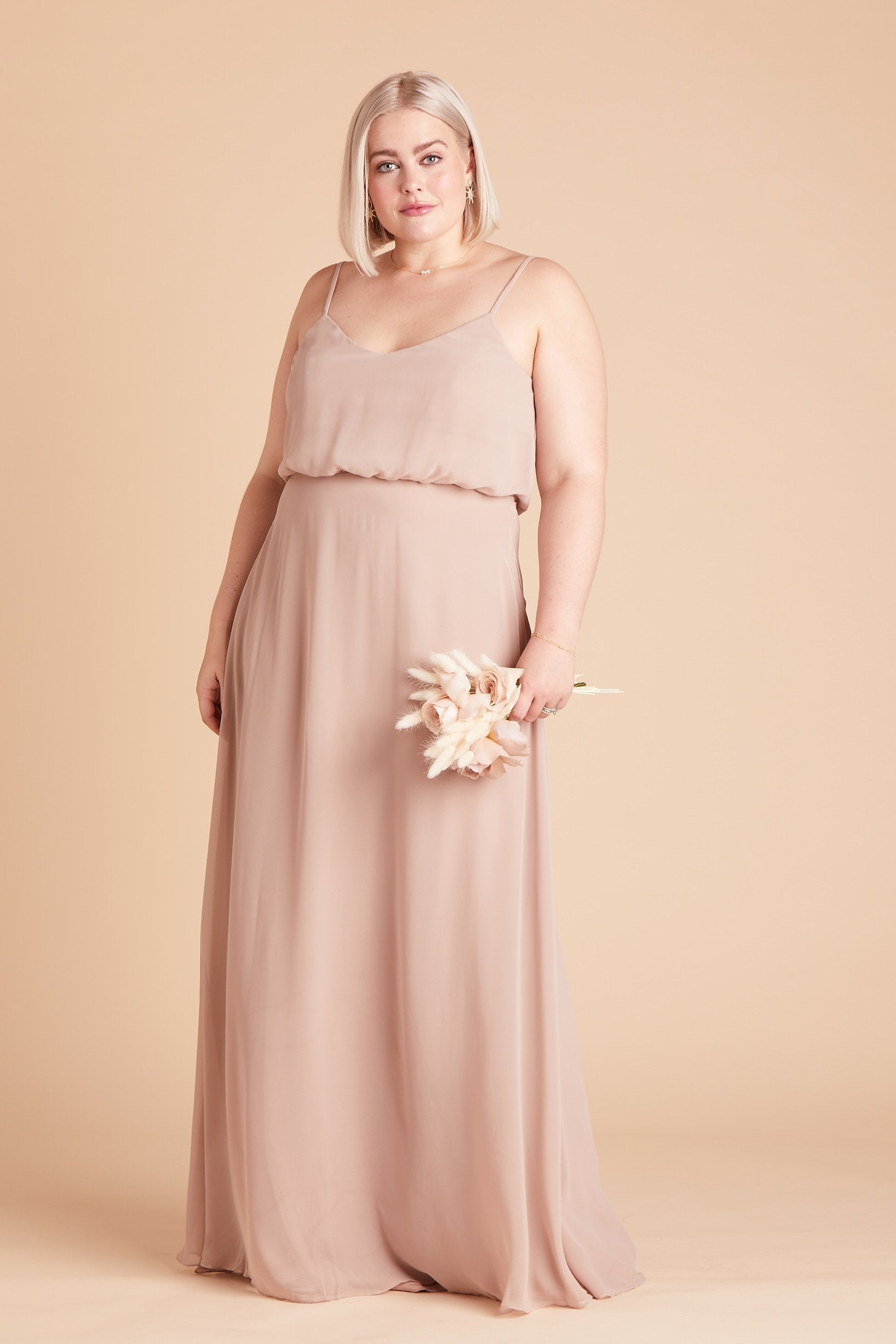 Gwennie plus size bridesmaid dress in taupe chiffon by Birdy Grey, front view