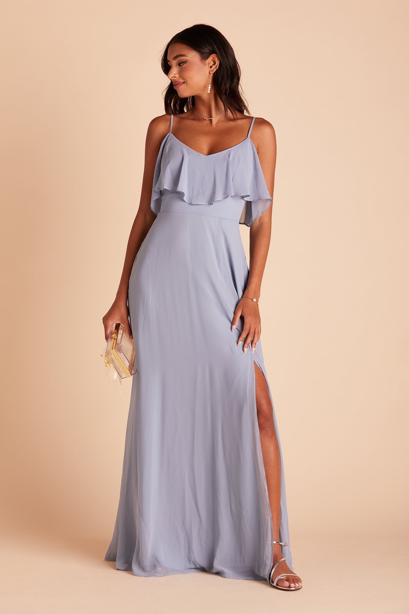 Jane convertible bridesmaid dress with slit in dusty blue chiffon by Birdy Grey, front view