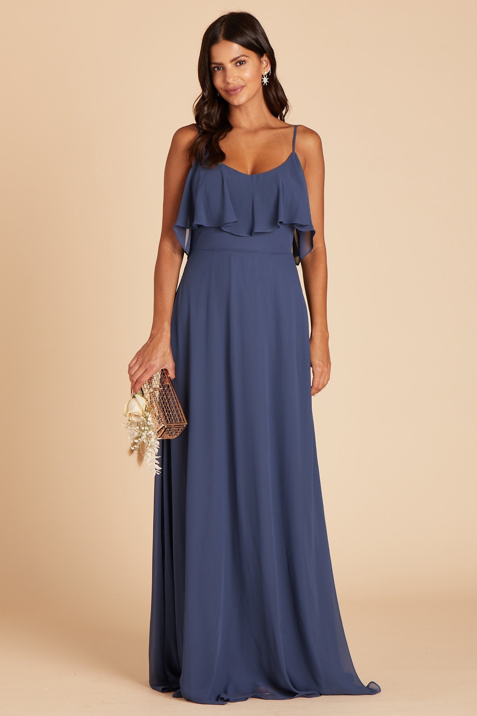 Jane convertible bridesmaid dress in slate blue chiffon by Birdy Grey, front view