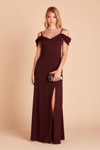 Dev bridesmaid dress with slit in cabernet burgundy crepe by Birdy Grey, front view