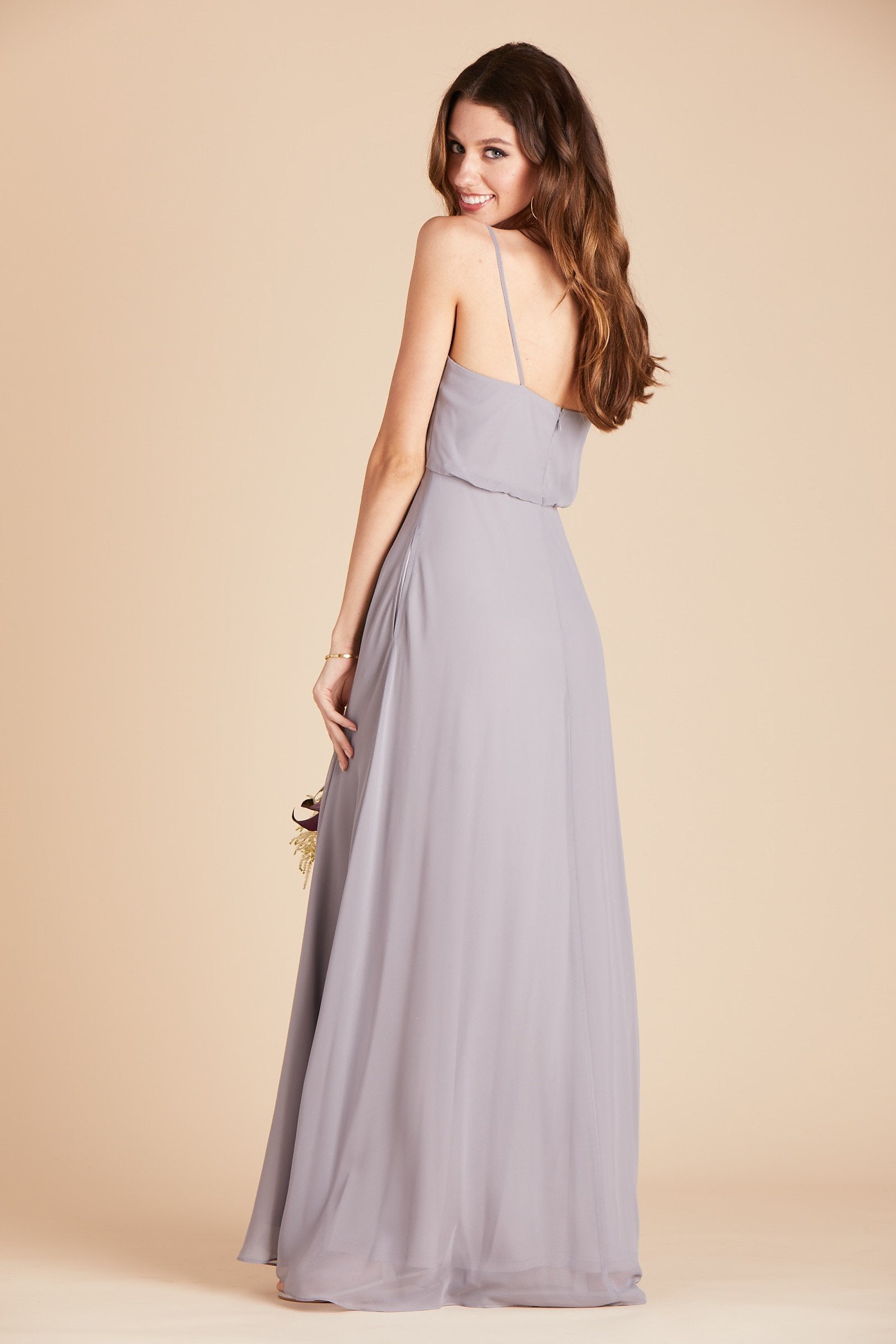 Gwennie bridesmaid dress in silver chiffon by Birdy Grey, back view