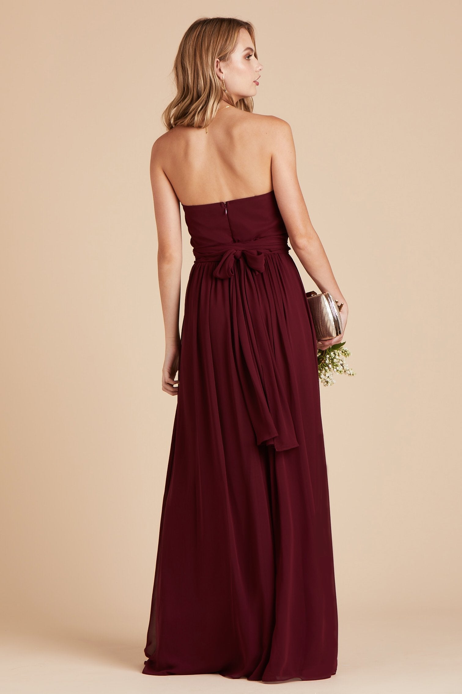 Chinky convertible bridesmaid dress in cabernet burgundy mesh by Birdy Grey, back view