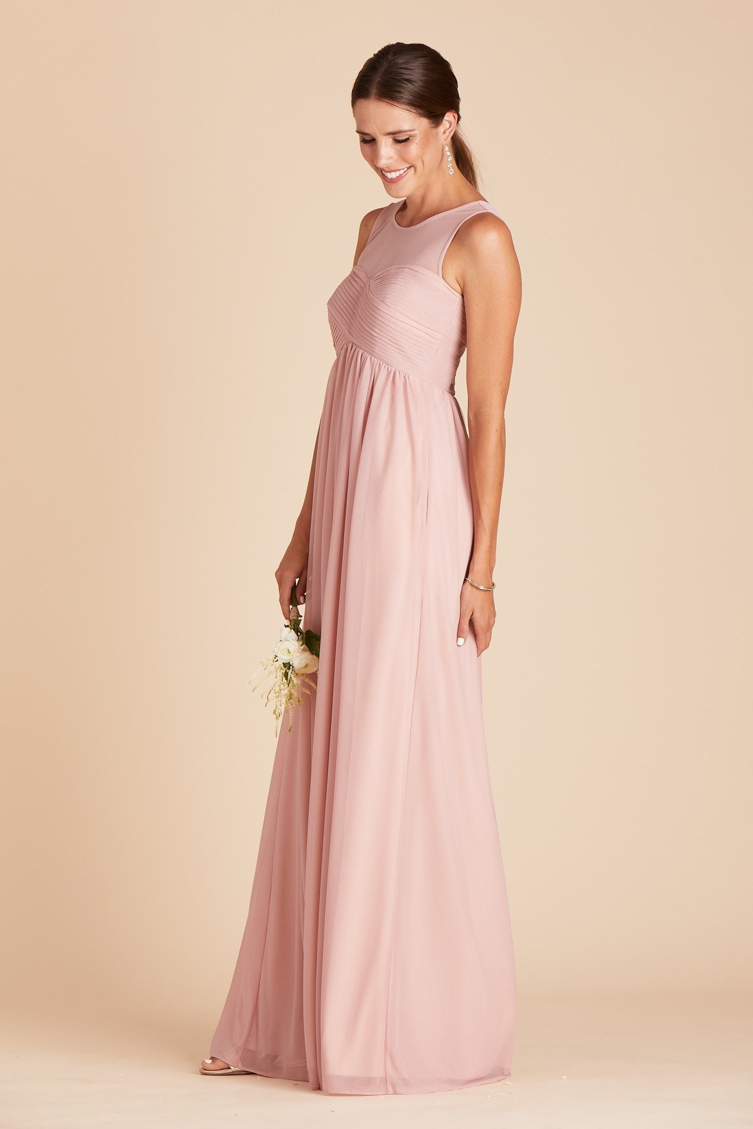 Ryan bridesmaid dress in dusty rose pink chiffon by Birdy Grey, side view