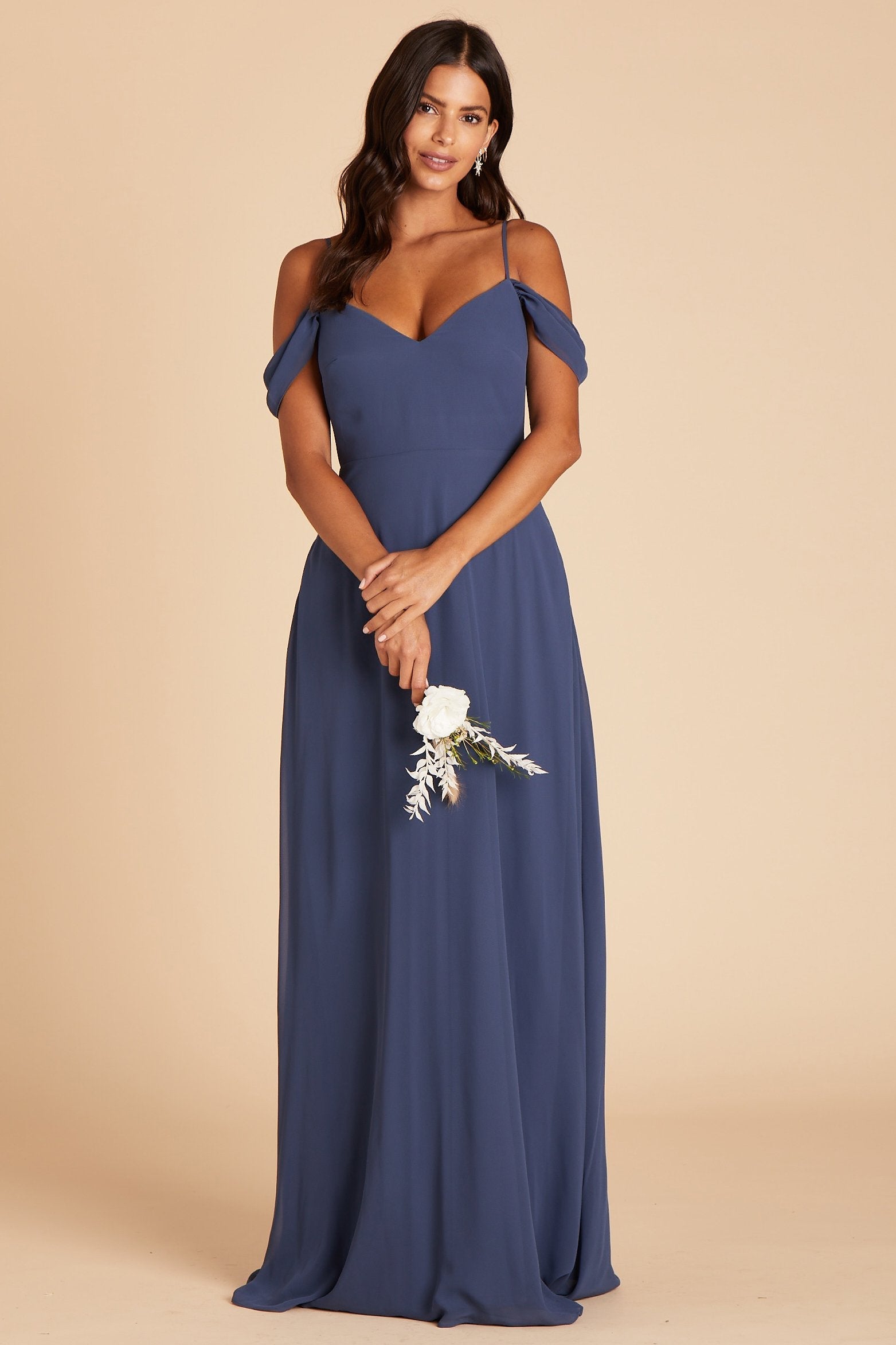 Devin convertible bridesmaids dress in slate blue chiffon by Birdy Grey, front view