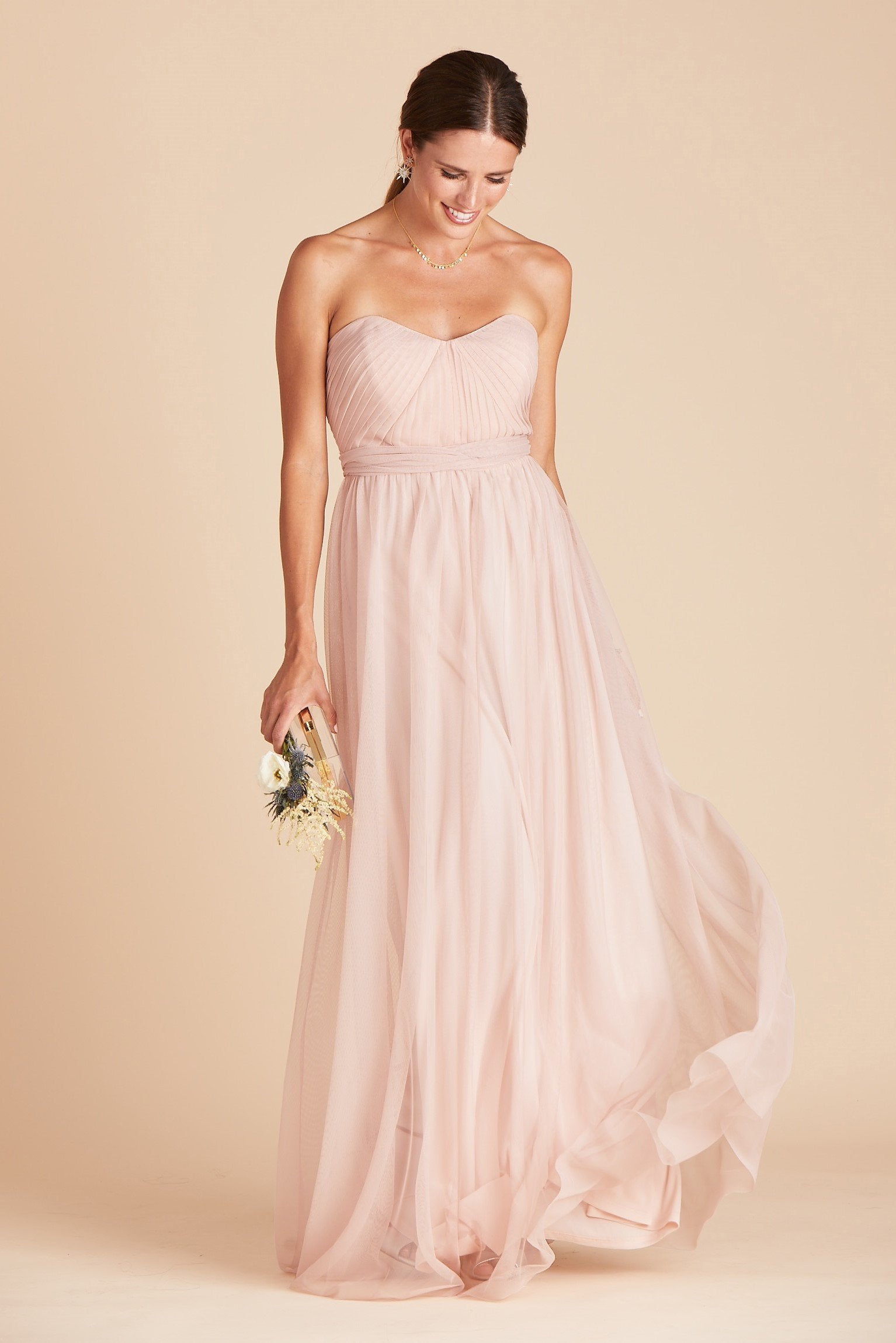 Christina convertible bridesmaid dress in vintage blush tulle by Birdy Grey, front view