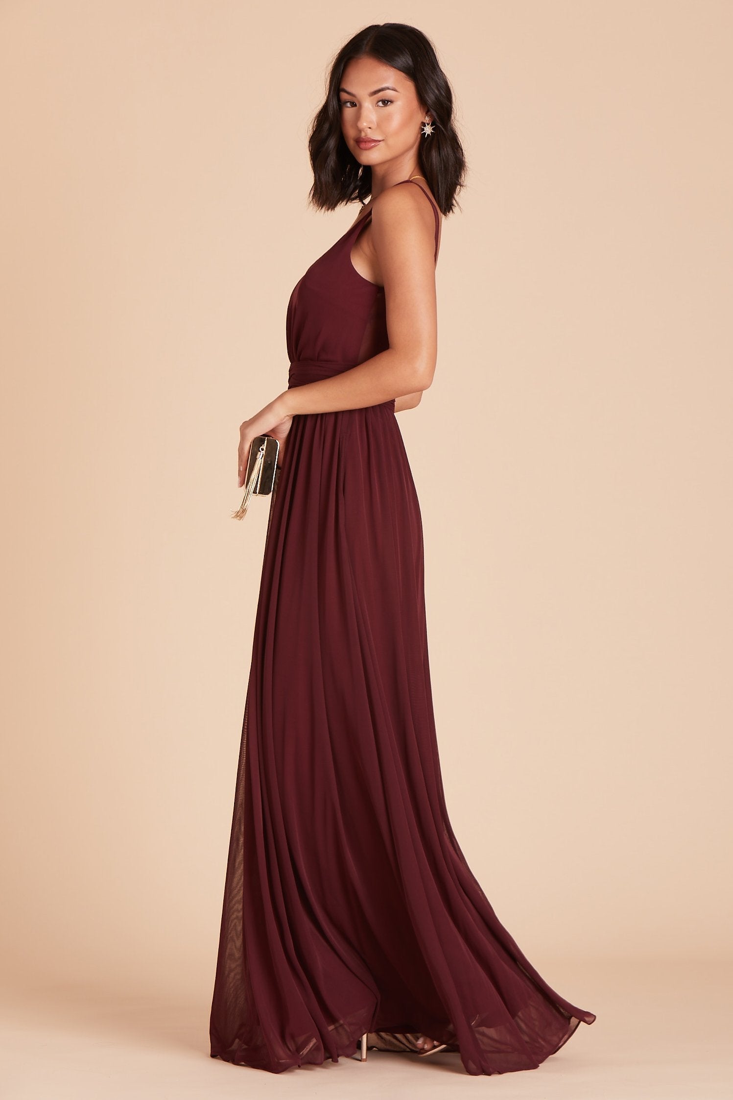 Jan bridesmaids dress in cabernet burgundy chiffon by Birdy Grey, side view