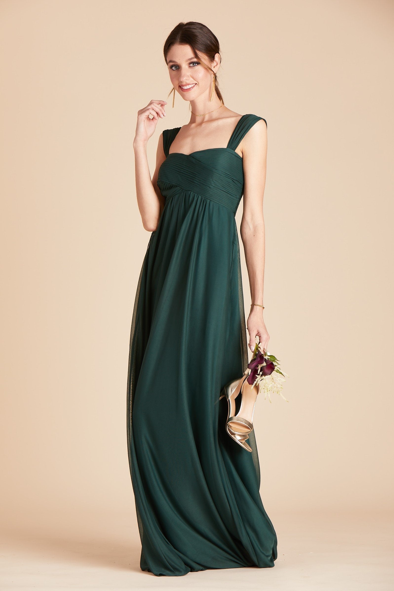 Maria convertible plus size bridesmaids dress in emerald green chiffon by Birdy Grey, front view