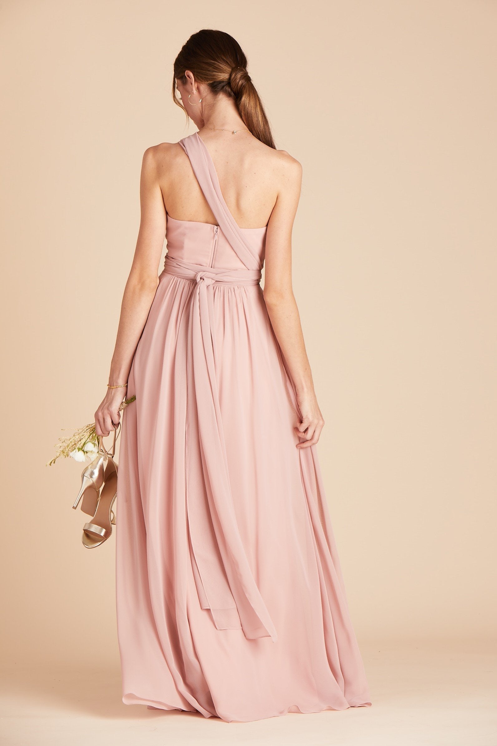 Grace convertible bridesmaid dress in rose quartz pink chiffon by Birdy Grey, back view