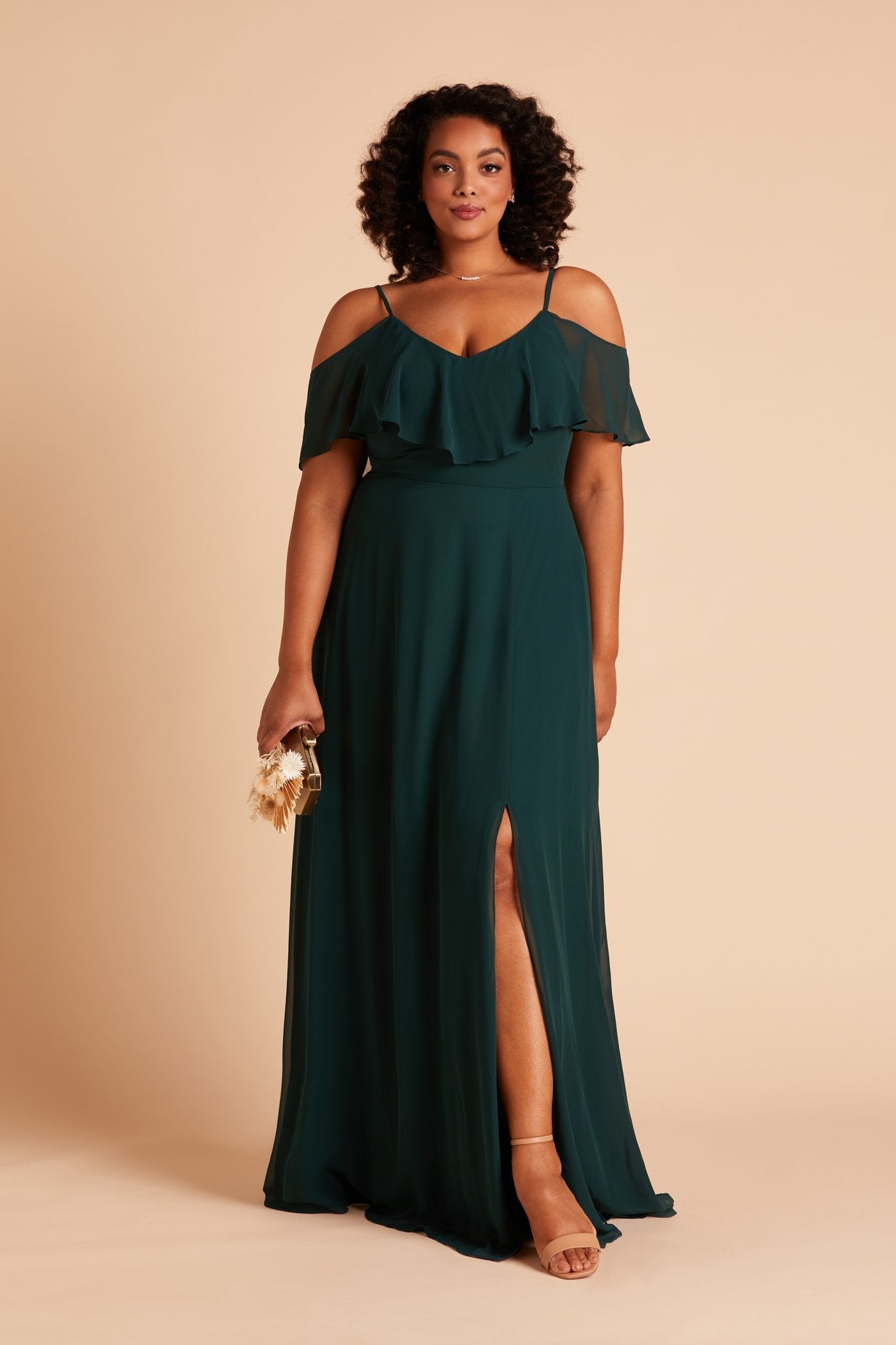 Jane convertible plus size bridesmaid dress with slit in emerald green chiffon by Birdy Grey, front view