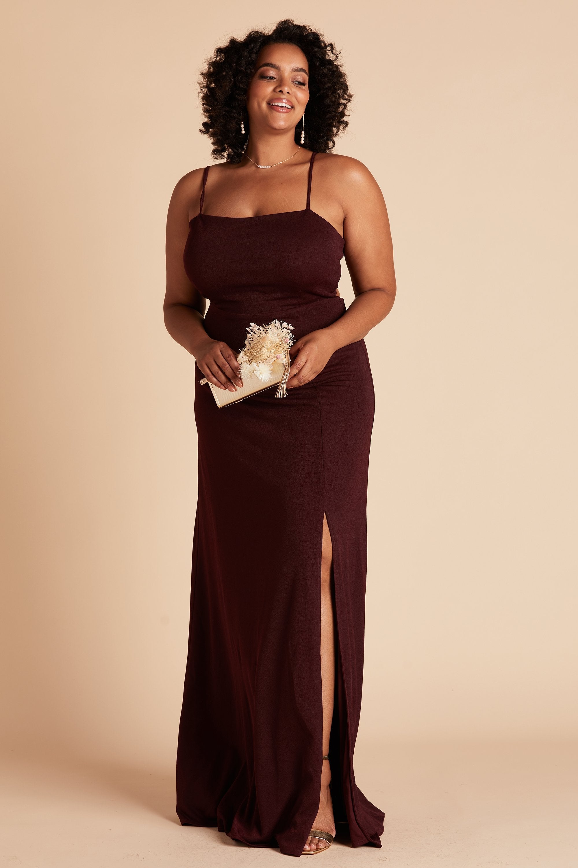 Benny plus size bridesmaid dress with slit in cabernet burgundy crepe by Birdy Grey, front view