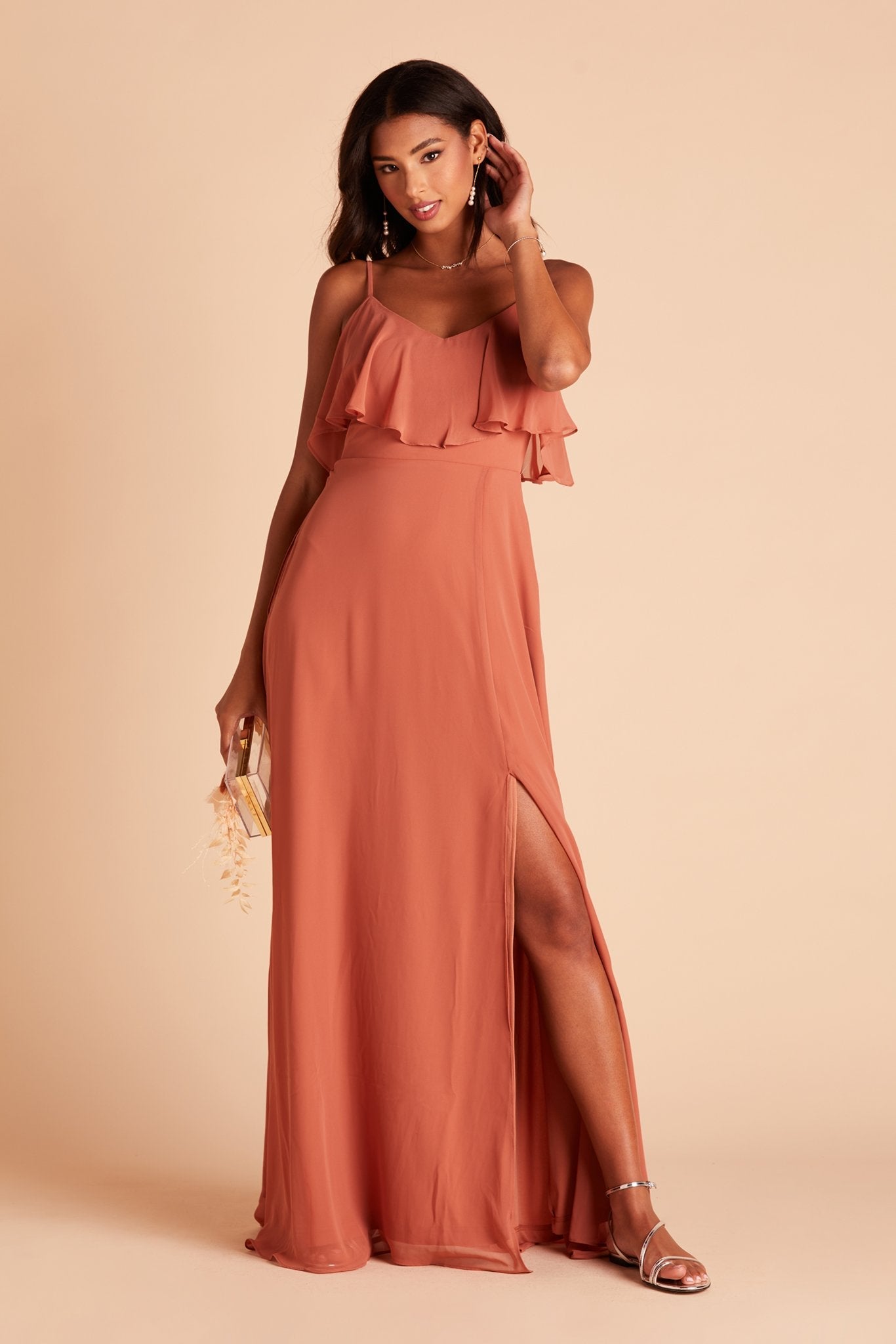 Jane convertible bridesmaid dress with slit in terracotta orange chiffon by Birdy Grey, front view