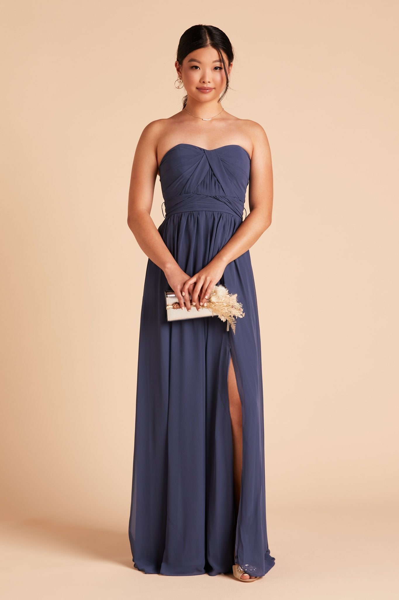 Grace convertible bridesmaid dress with slit in slate blue chiffon by Birdy Grey, front view