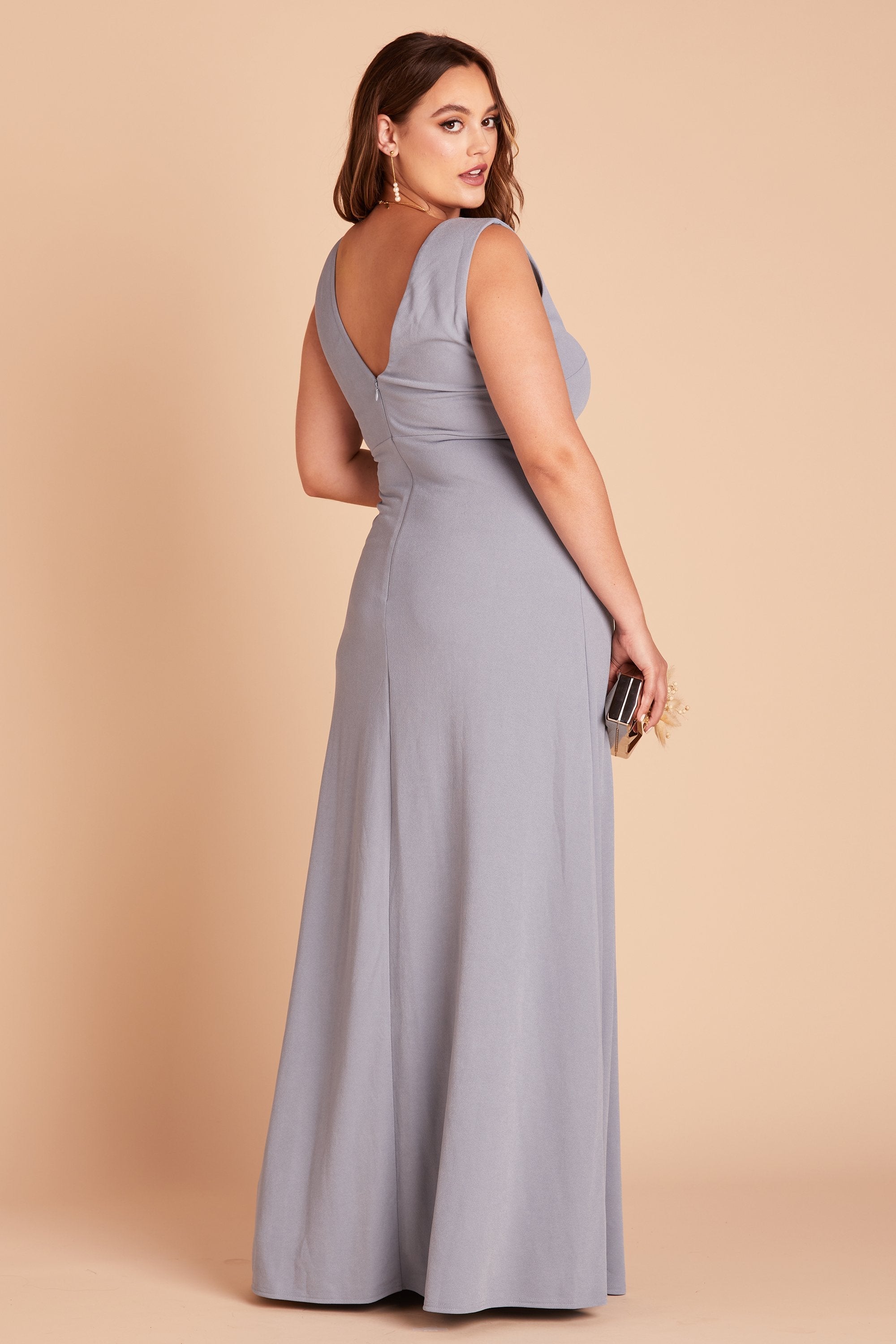 Shamin plus size bridesmaid dress with slit in dusty blue crepe by Birdy Grey, back view