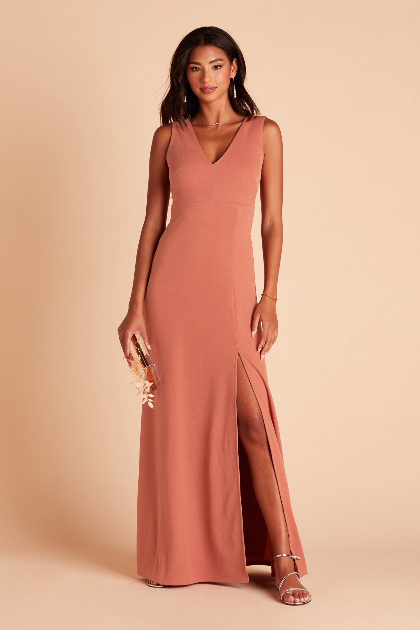 Shamin bridesmaid dress with slit in terracotta crepe by Birdy Grey, front view