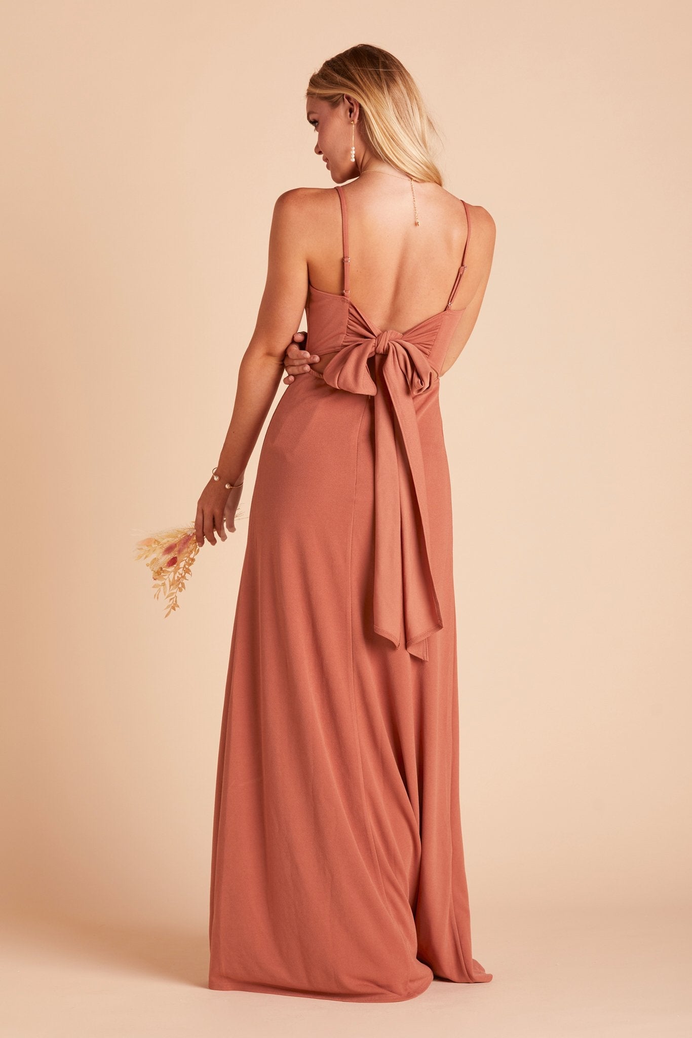 Benny bridesmaid dress in terracotta crepe by Birdy Grey, back view